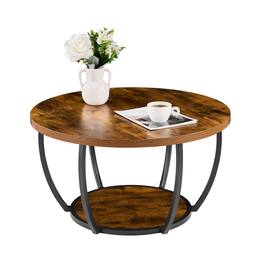 VEVOR - Coffee Table, Modern Round Coffee Table,2 Tiers Wooden Circle Center Desk with Open Storage, Metal Frame Accent End Desk - Rustic Brown