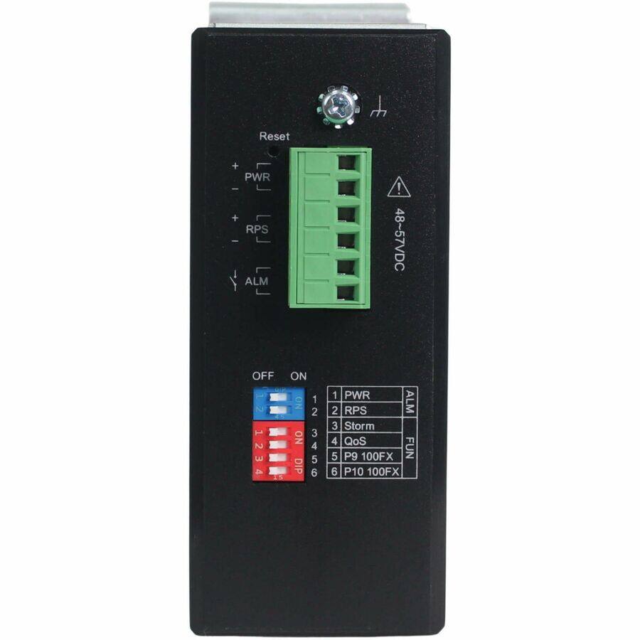 Reset B t + PWR I + RPS - ALM ! 48~57VDC OFF ON  
1 12 2 NO 2 1 3 NO 2 4 1234 3 4 DIP 3456 6 5 I5 1 PWR 2 RPS ALM 3 Storm 4 QoS 5 P9 100FX FUN 6 P10 100FX