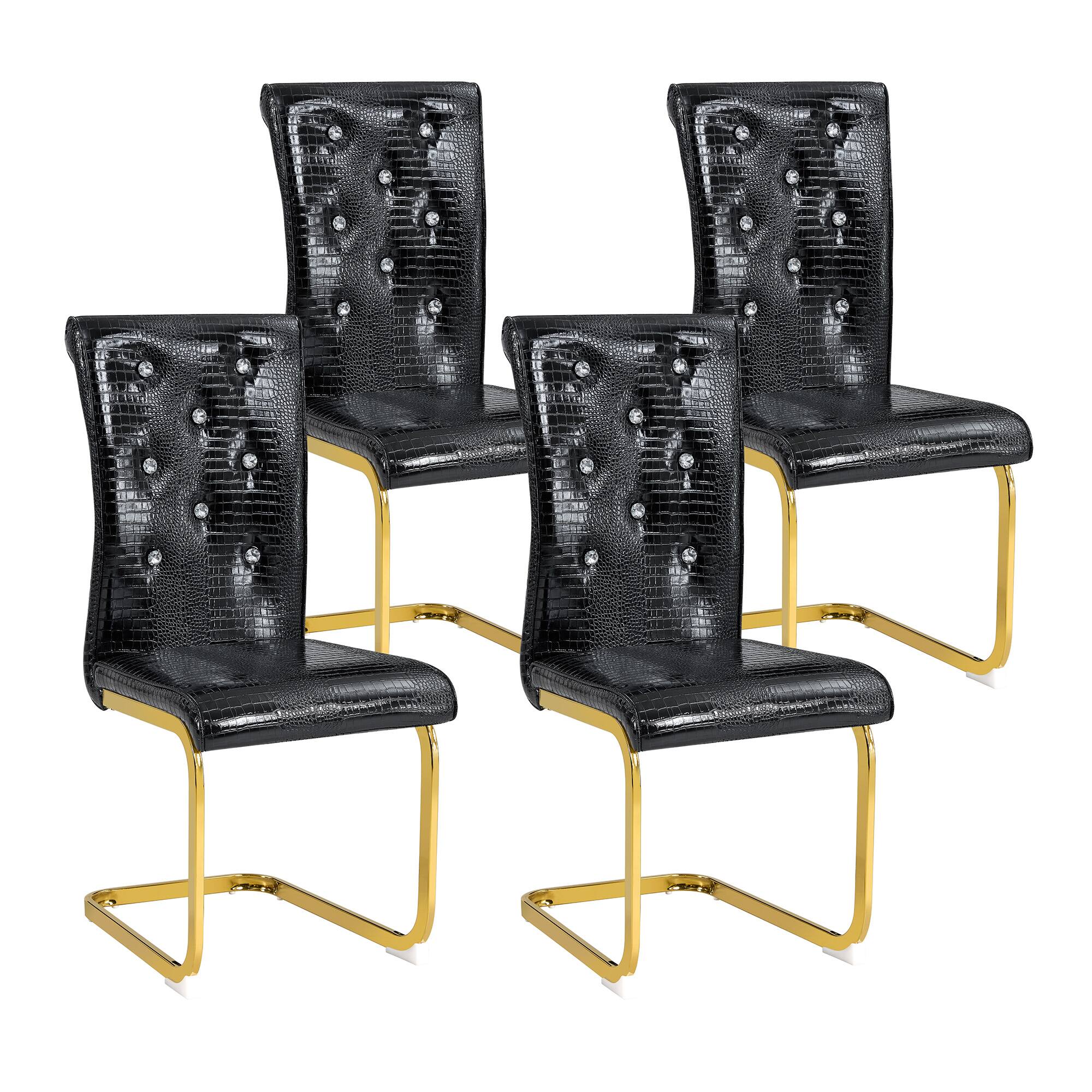 Alt View 6. Loheer - Set of 4 Retro Alligator Faux Leather Dining Chairs, Gold Bow Legs, Crystal Buckle, 1.37x1.87x3.3 ft - Black.