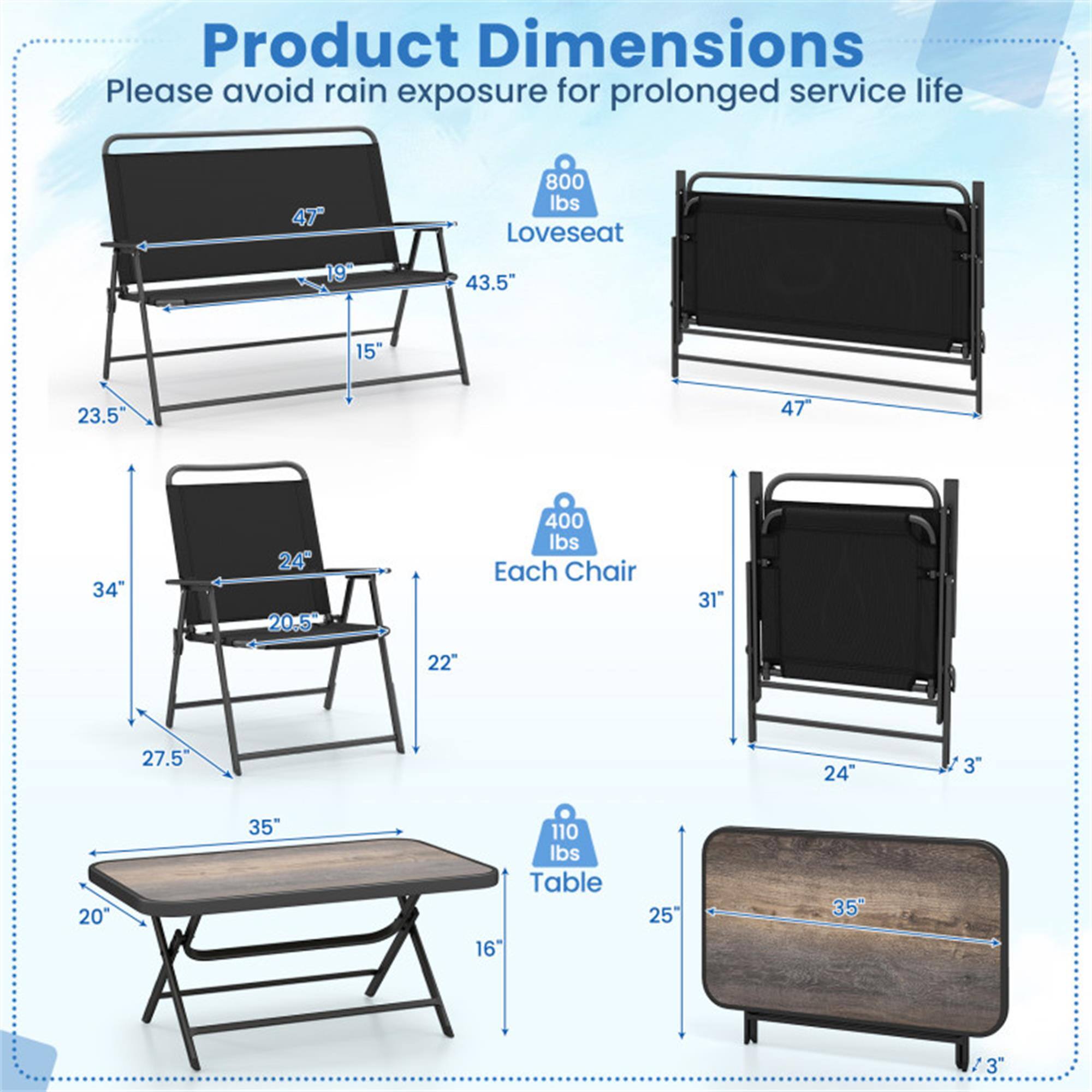 Product Dimensions  
Please avoid rain exposure for prolonged service life  

- Loveseat:  
  - 47" (width)  
  - 43.5" (length)  
  - 19" (height)  
  - 15" (seat height)  
  - 23.5" (depth)  
  - Weight capacity: 800 lbs  

- Each Chair:  
  - 31" (width)  
  - 34" (length)  
  - 22" (height)  
  - 27.5" (seat height)  
  - 20.5" (depth)  
  - Weight capacity: 400 lbs  

- Table:  
  - 35" (length)  
  - 25" (width)  
  - 16" (height)  
  - Weight capacity: 110 lbs