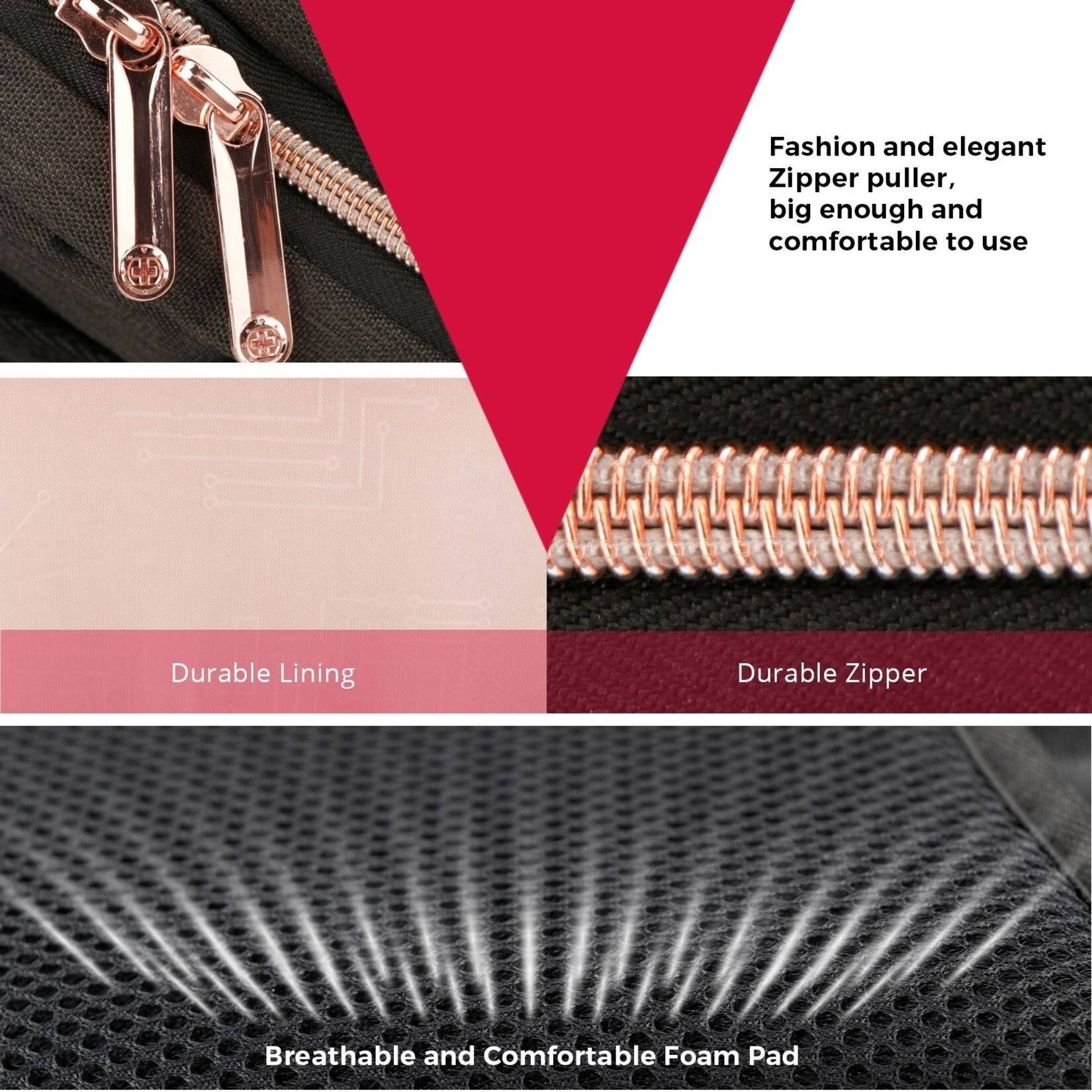 The text on the image is grouped and corrected as follows:
Fashion and elegant Zipper puller, big enough and comfortable to use. Durable Lining. Durable Zipper. Breathable and Comfortable Foam Pad.