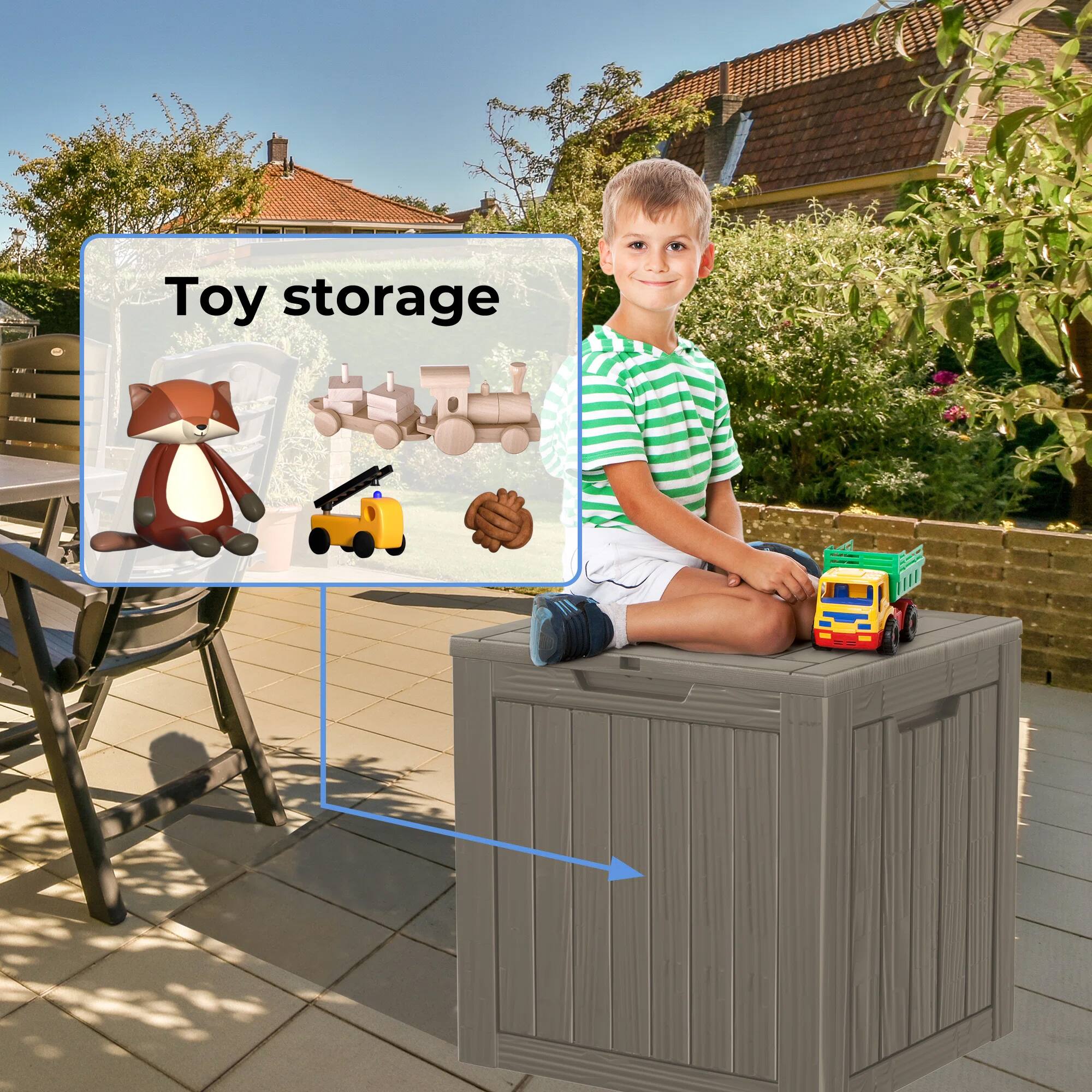 Toy storage

- Fox plush toy
- Wooden train set
- Toy truck
- Toy hand