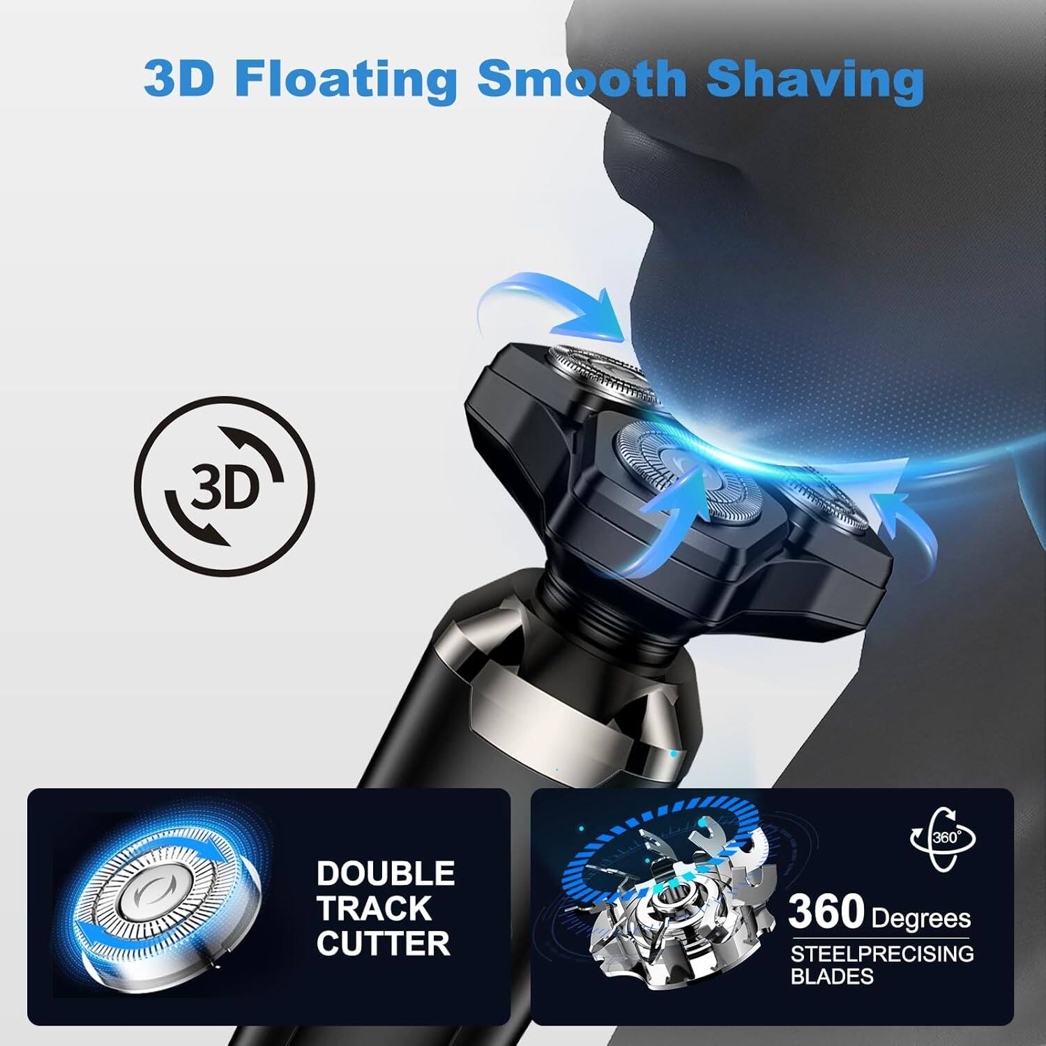 3D Floating Smooth Shaving  
3D DOUBLE TRACK CUTTER  
360 Degrees STEEL PRECISING BLADES