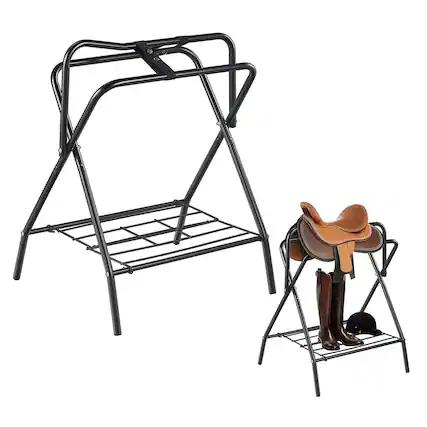 Front. VEVOR - Folding Saddle Rack, 28 x 19 x 37.5 in, 2 Packs Freestanding Horse Saddle Stand, Portable Horse Blanket Holder - Matte Black.