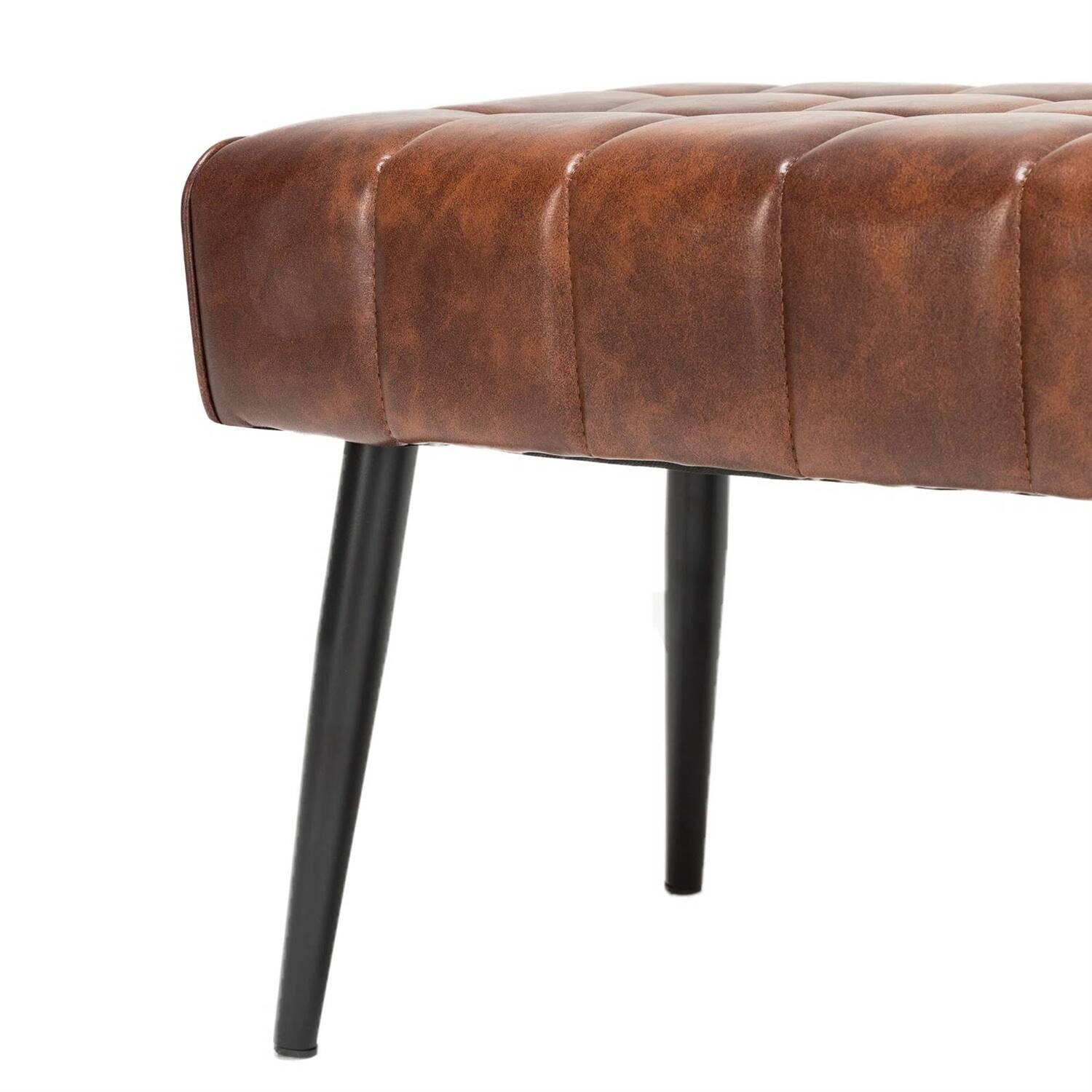 Left. SlickBlue - PU Leather Upholstered Bench with Tapered Legs, Mid-Century Modern Style - Brown.
