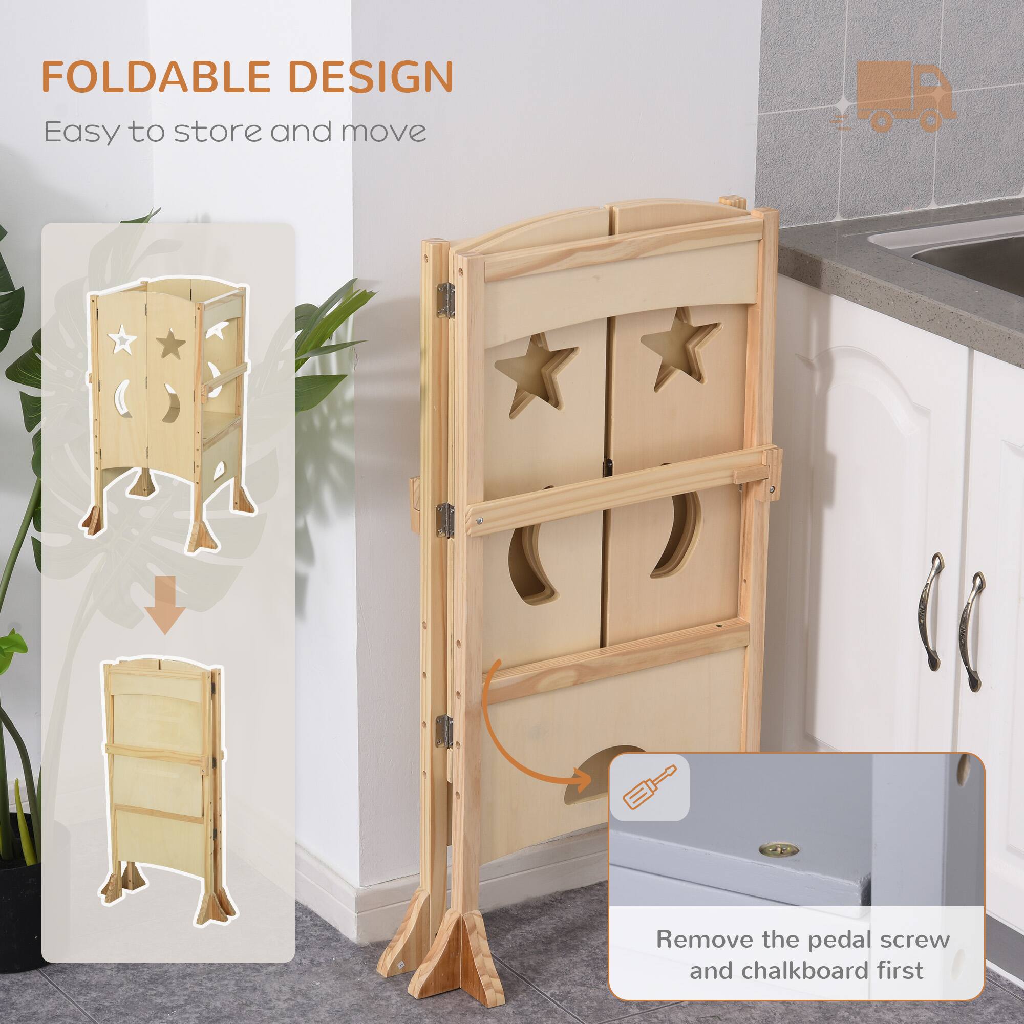 FOLDABLE DESIGN  
Easy to store and move  

Remove the pedal screw and chalkboard first