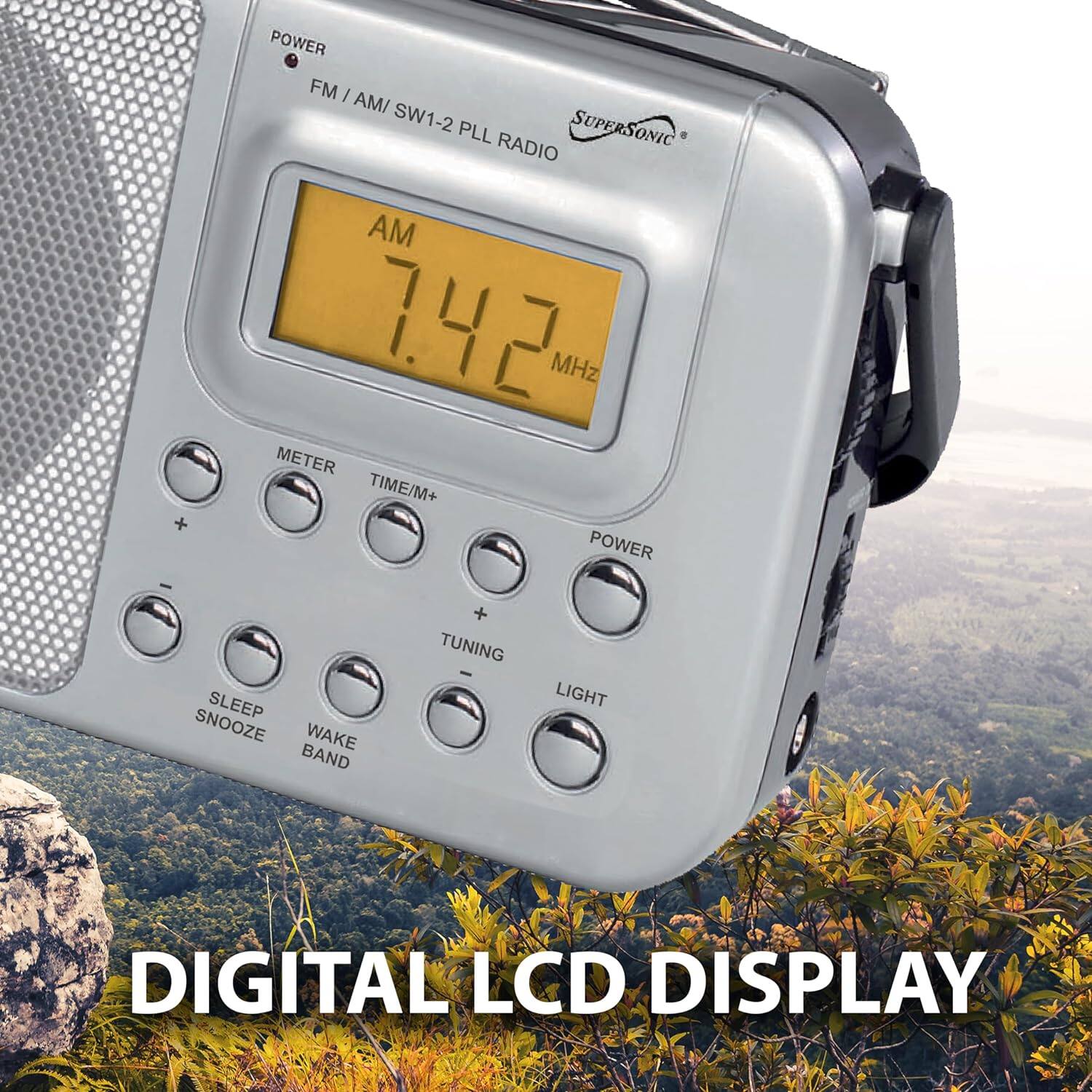 POWER FM / AM / SW1-2 PLL SUPERSONIC RADIO AM 7.42 MHz  
METER TIME/M+  
POWER SLEEP SNOOZE WAKE BAND  
TUNING LIGHT  
DIGITAL LCD DISPLAY