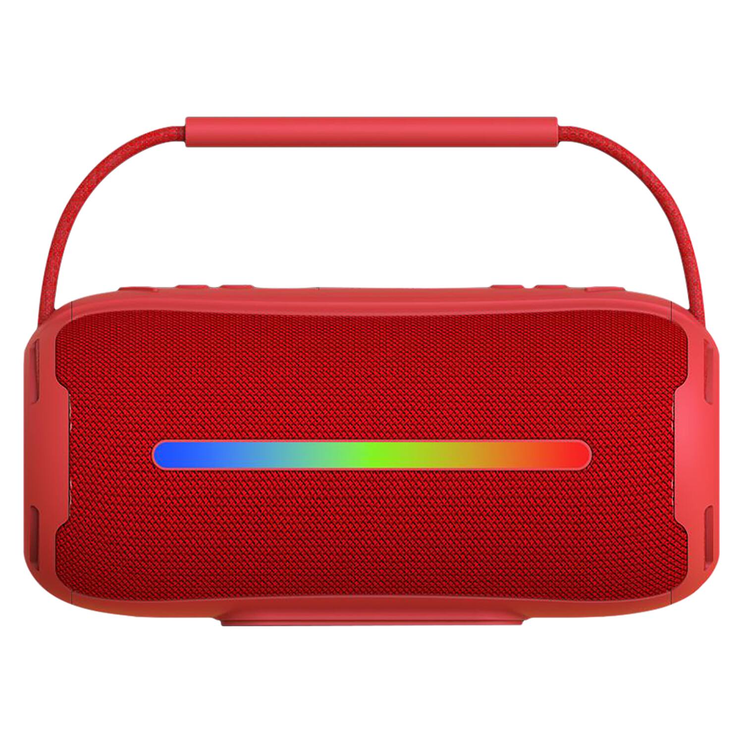 Angle. RCA - 20W Bluetooth Speaker with TWS, RGB Lights, USB/microSD, Aux, FM, 6 Hr Play Time - Red.