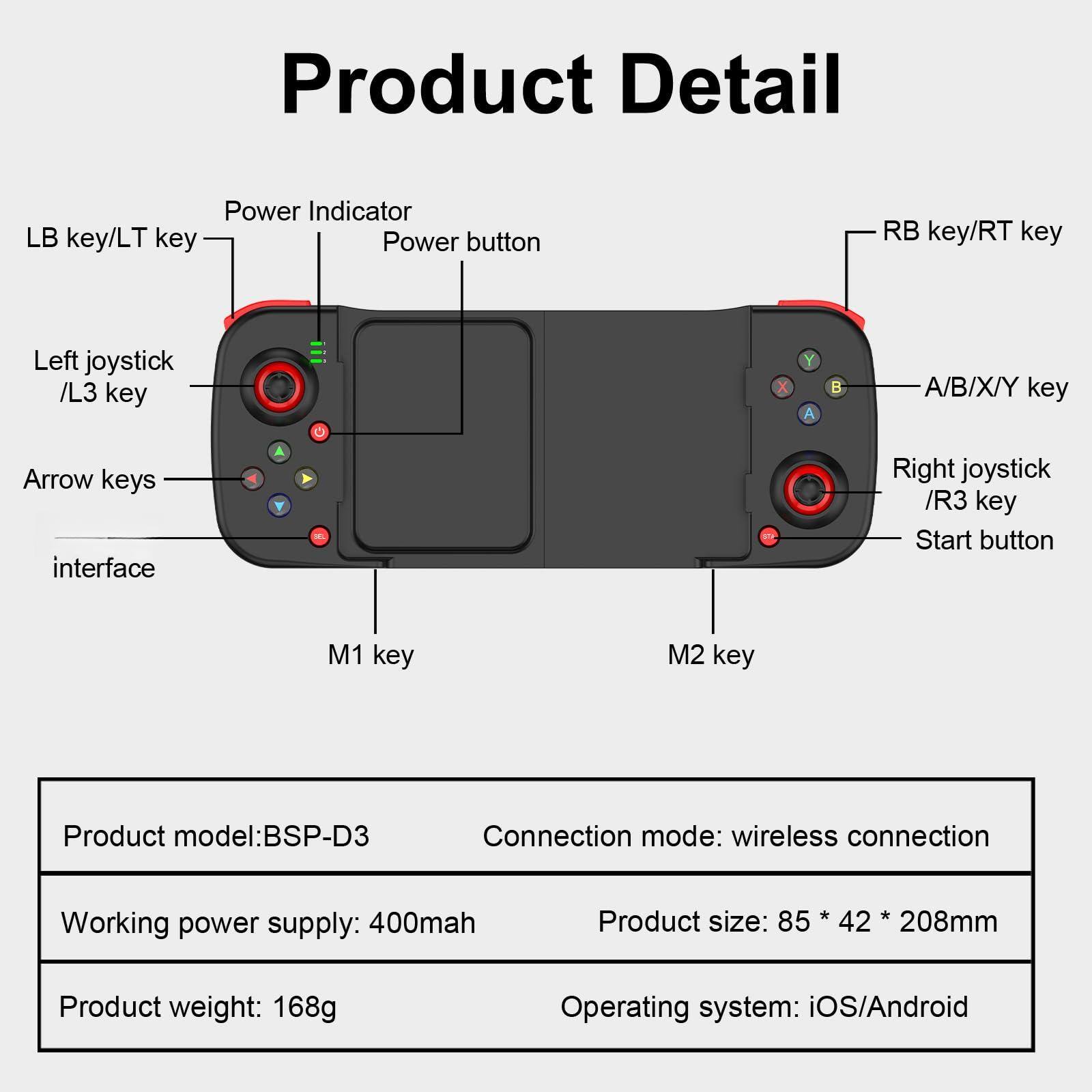 **Product Detail**

- **Power Indicator**
- **LB key/LT key**
- **Power button**
- **RB key/RT key**
- **Left joystick /L3 key**
- **A/B/X/Y key**
- **Arrow keys**
- **Right joystick /R3 key**
- **Start button**
- **M1 key**
- **M2 key**

**Product model:** BSP-D3

**Connection mode:** wireless connection

**Working power supply:** 400mah

**Product size:** 85 * 42 * 208mm

**Product weight:** 168g

**Operating system:** iOS/Android