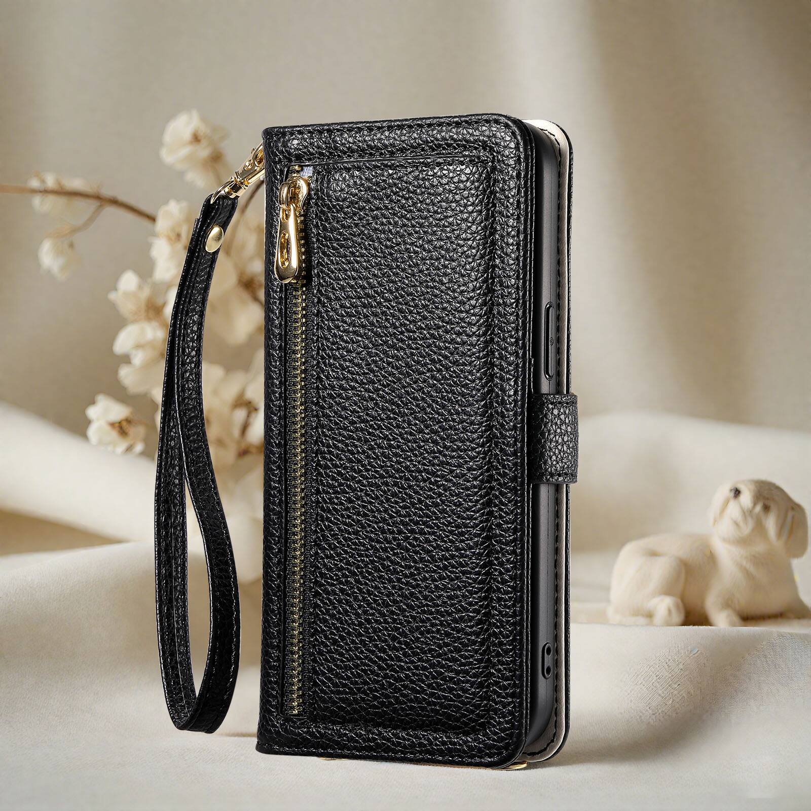 Angle. Dteck - Wallet Case for Samsung Galaxy S26+ with Crossbody Strap and Wristlet, PU Leather Zipper Purse Kickstand Cover - Black.