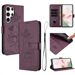 Dteck - Shockproof Wallet Case for Samsung Galaxy S25 Ultra with Detachable Wrist Strap, Protective PU Leather Folio Stand Cover - Winered