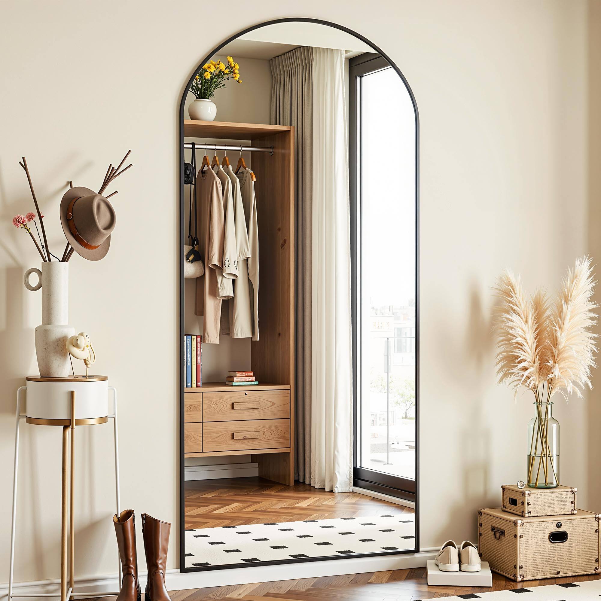 Left. Earthley Blooms - Full Length Mirror 64"x21" Arched Body Floor Mirrors With Stand Standing Hanging Leaning Against Wall Alu... - Black-64"L x 21"W.