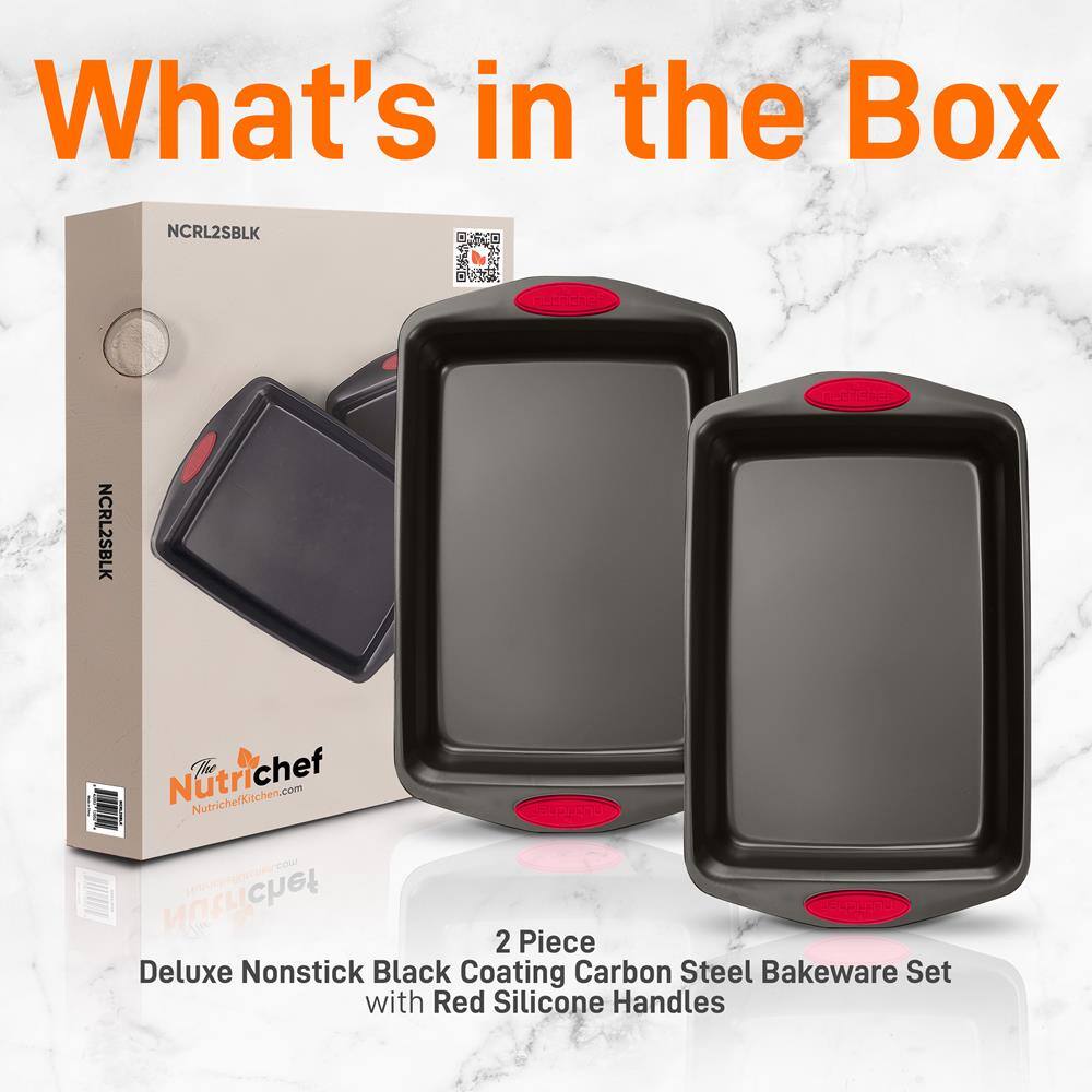 What's in the Box

NCRL2SBLK

Nutrichef  
NutrichefKitchen.com

2 Piece Deluxe Nonstick Black Coating Carbon Steel Bakeware Set with Red Silicone Handles