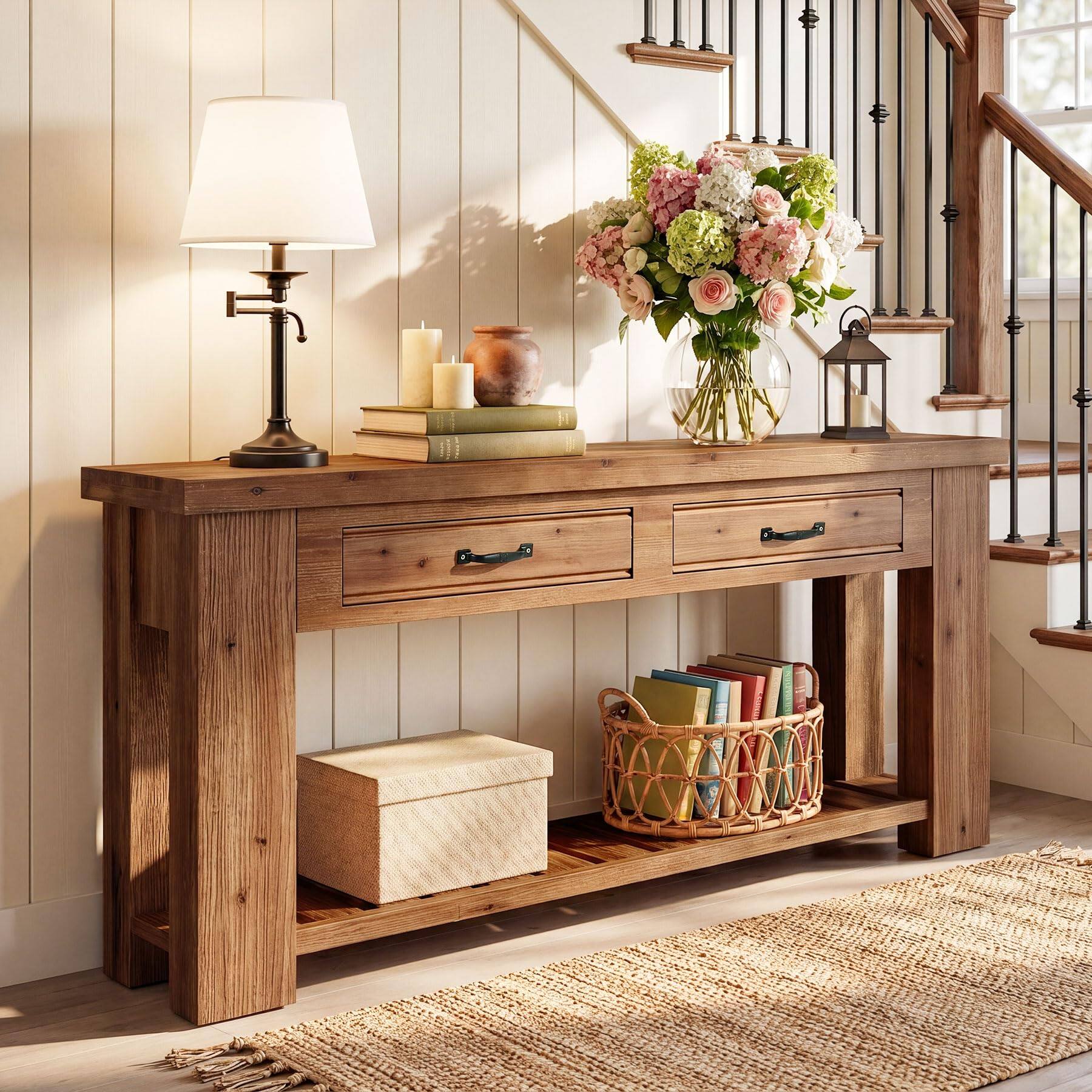 Angle. Tribesigns - Wooden Console Table Farmhouse Solid - 63 Inch Long Sofa Table - Walnut.