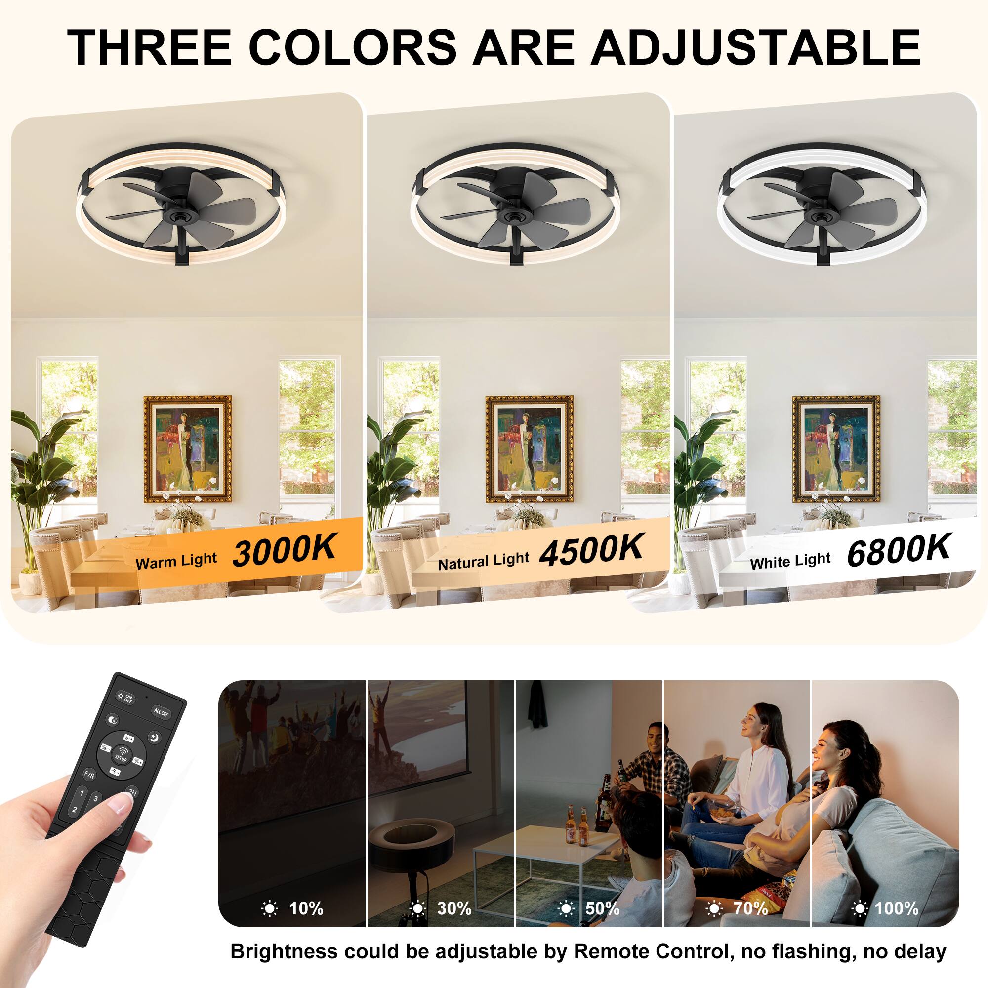 THREE COLORS ARE ADJUSTABLE

Warm Light 3000K  
Natural Light 4500K  
White Light 6800K  

Brightness could be adjustable by Remote Control, no flashing, no delay  

10%  
30%  
50%  
70%  
100%