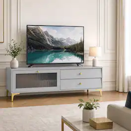 WELLFOR - Modern TV Stand for 55 Inch TV, Entertainment Center with Door and Drawers, Media Console Cabinet with Gold Legs - Gray