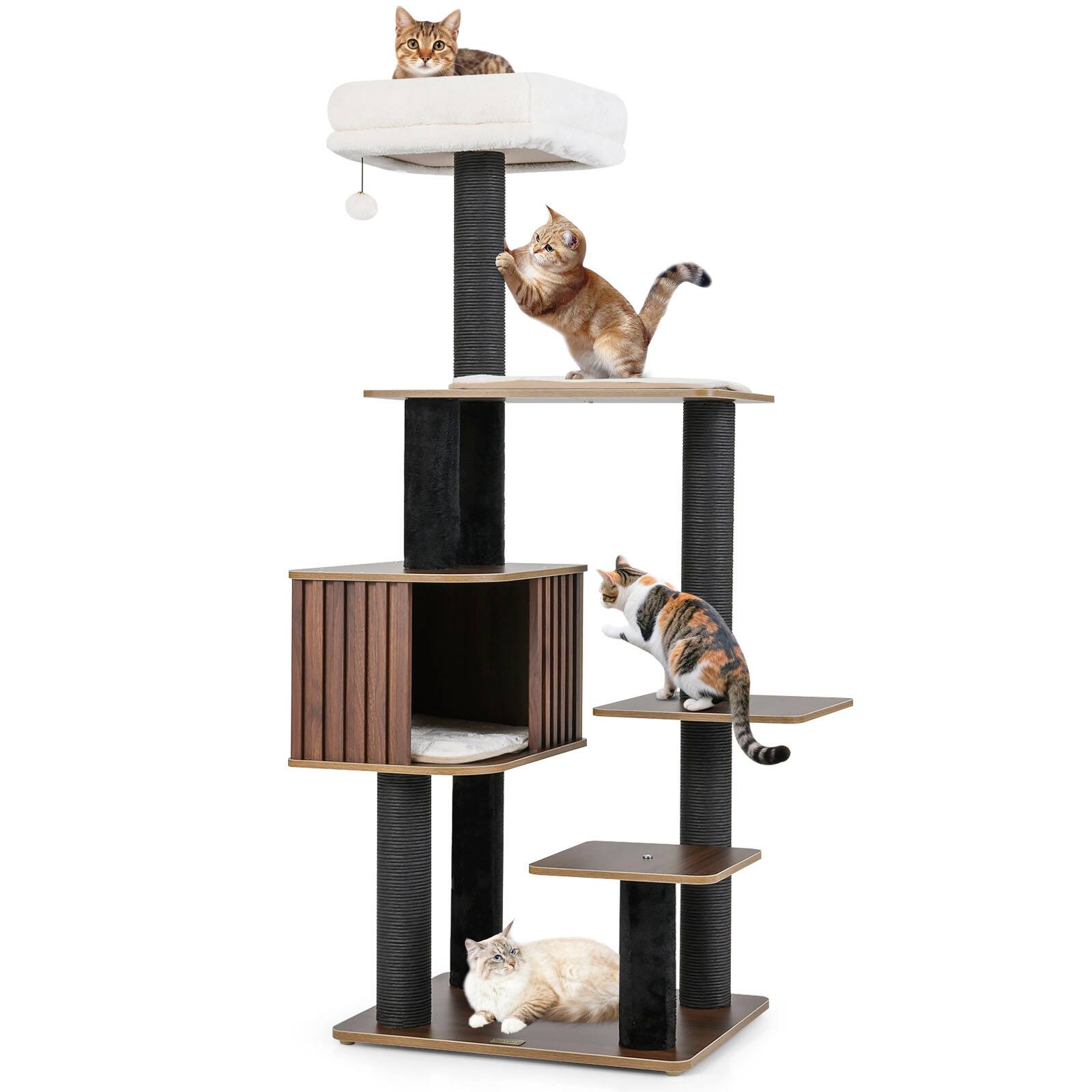 Alt View 9. Gymax - Gymax 59.5'' Tall Cat Tower w/Cushion Top Perch Detachable Mats Scratching Posts Brown - GYM19522.