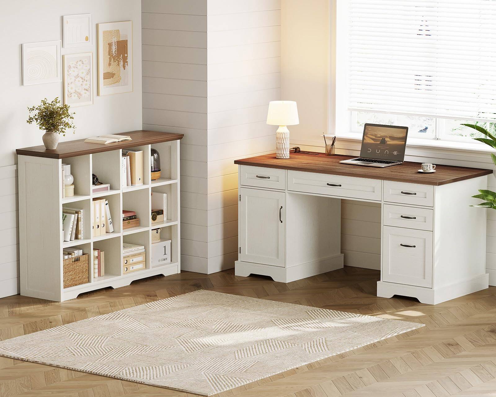 Alt View 1. OffiGo - 59 Inch Farmhouse Desk with Drawers, Executive Computer Desk with Charging Station & File Cabinet Storage - Walnut+white.
