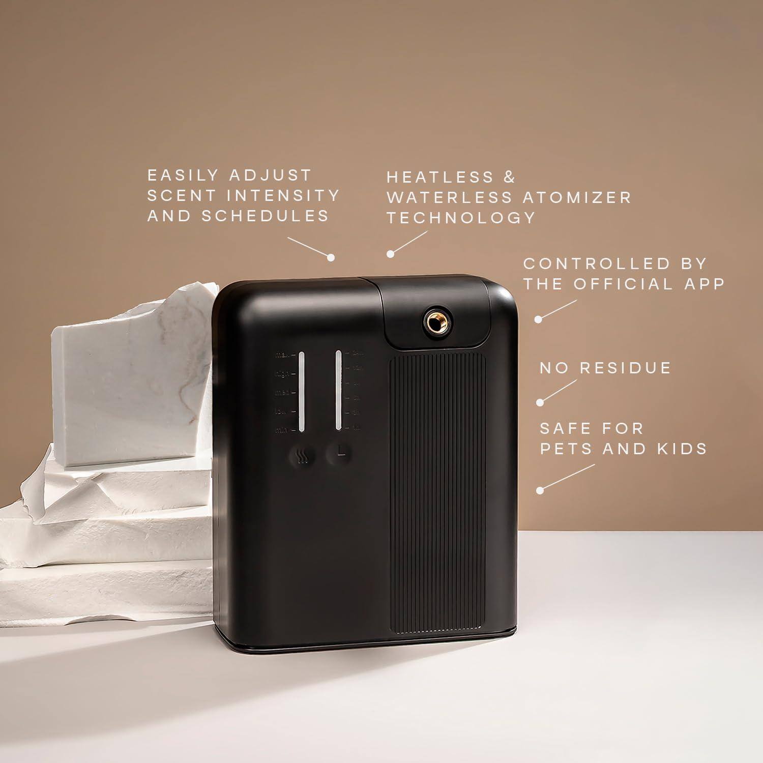 - Easily adjust scent intensity and schedules
- Heatless & waterless atomizer technology
- Controlled by the official app
- No residue
- Safe for pets and kids