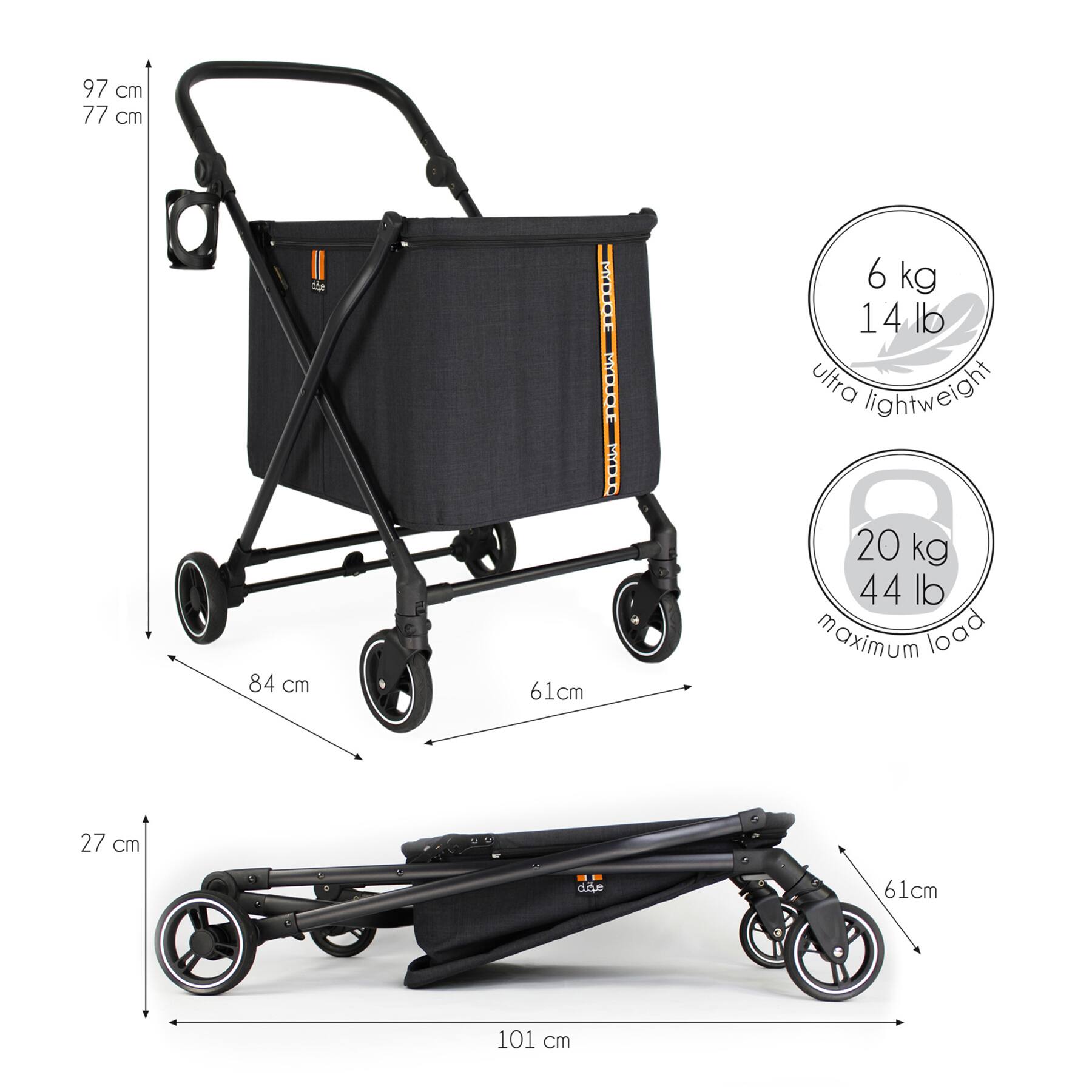 The text on the image reads: 97 cm 77 cm 101 cm 6 kg 14 lb ultra lightweight 20 kg 44 lb maximum load 27 cm 61 cm.
