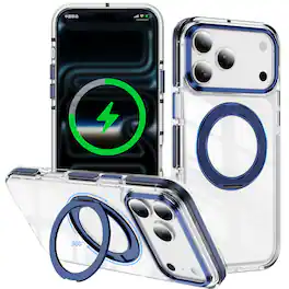 Dteck - Magnetic Shockproof Case for Apple iPhone 17 Pro Max,Mag Safe Compatible Clear Cover with 360 Rotating Metal Kickstand - Darkblue