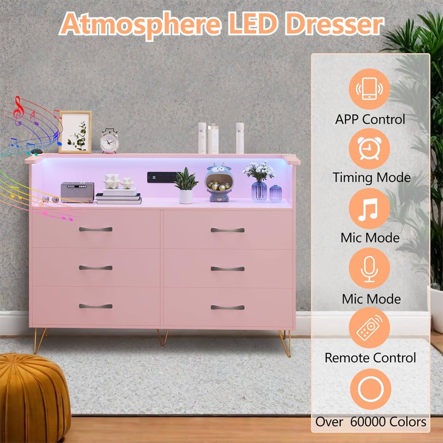 Atmosphere LED Dresser

- APP Control
- Timing Mode
- Mic Mode
- Mic Mode
- Remote Control
- Over 60000 Colors