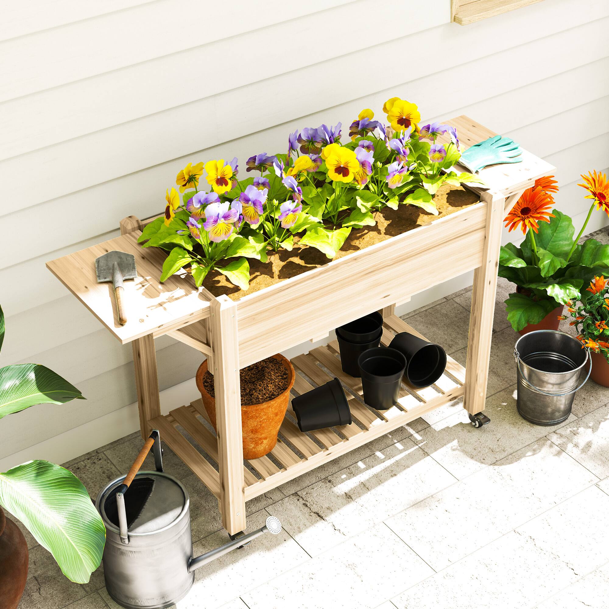 Alt View 8. Outsunny - Raised Garden Bed, 57 x 20.5 x 34 in Wood Elevated Planter Box with Lockable Wheels, Side Tables and Bottom Shelf - Natural Wood.