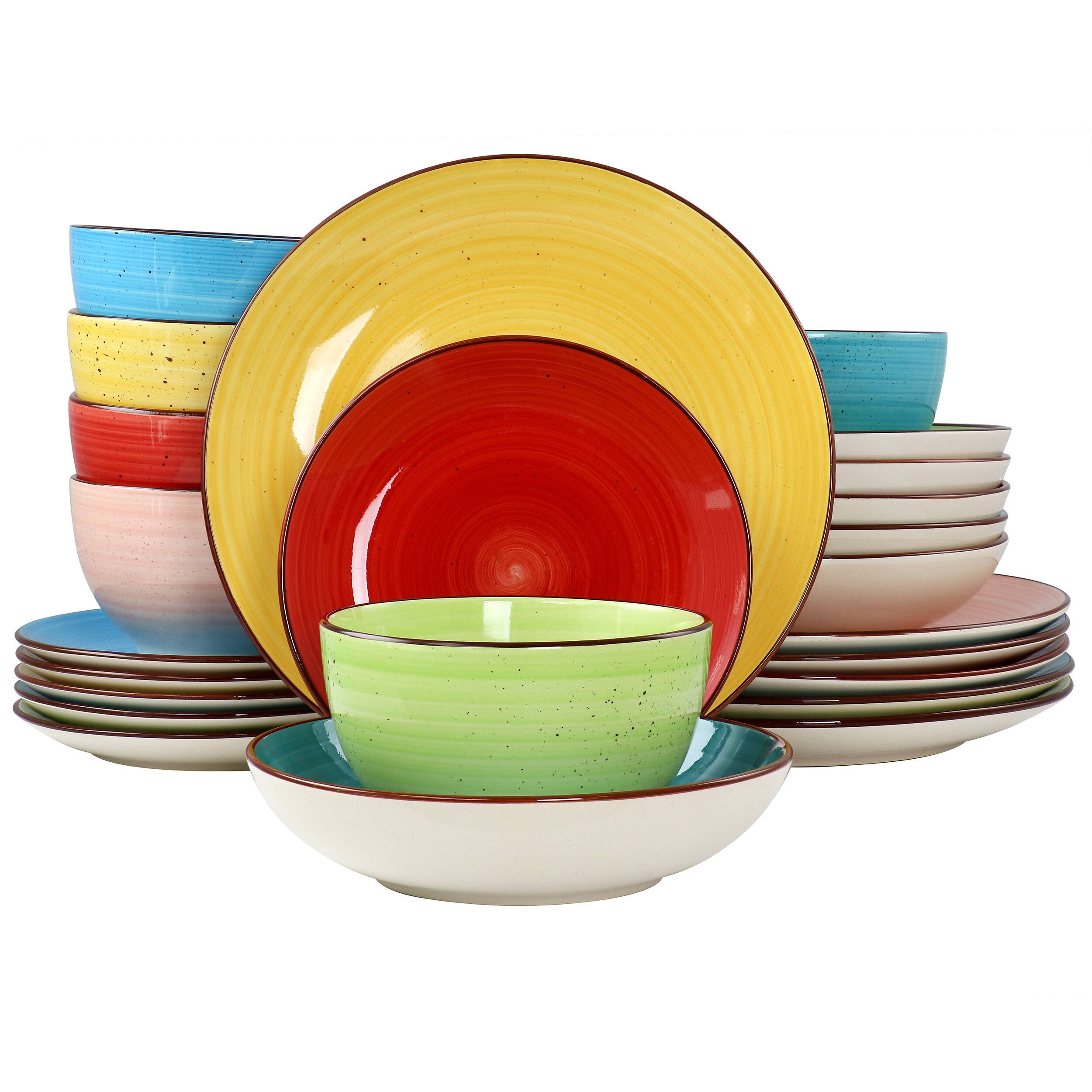 Elama - Sebastian 24 Piece Double Bowl Stoneware Dinnerware Set Colors - Assorted