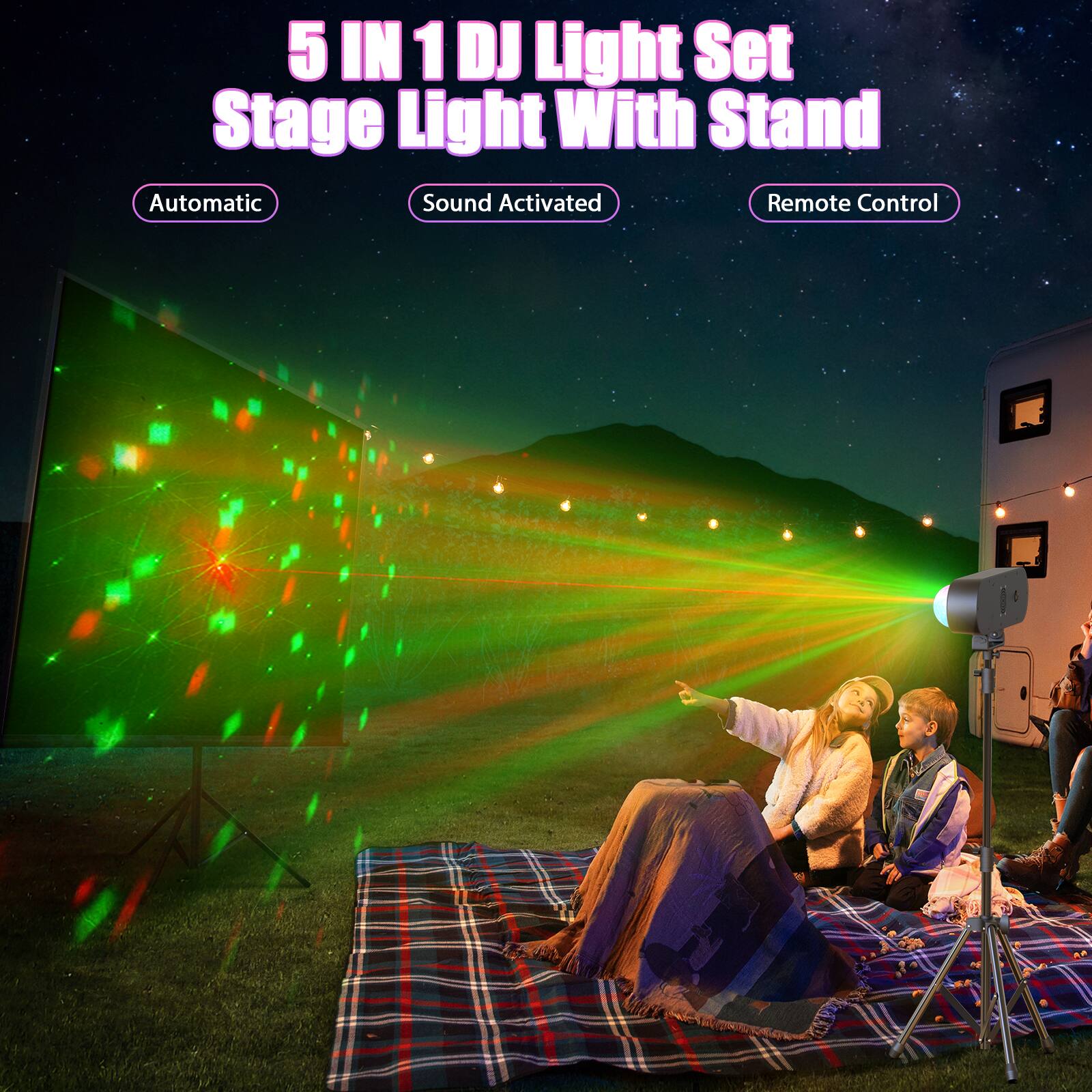 5 IN 1 DJ Light Set Stage Light With Stand

Automatic  
Sound Activated  
Remote Control