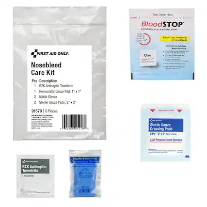 Tear Open Here
BloodSTOP CONTROLS BLEEDING FAST WHEN EVERY SECOND COUNTS
For all cuts, abrasions or nosebleeds
FIRST AID ONLY.
Nosebleed Care Kit
Pcs Description
1 BZK Antiseptic Towelette
1 Hemostatic Gauze Pad, 1" x 1"
2 Nitrile Gloves
2 Sterile Gauze Pads, 2" x 2"
One Sterile 1" x 1" (2.5cm x 2.5cm)
100% Natural Cellulose
Absorbs blood and exudates into gel to seal the wound
Prevents contamination and creates moist wound environment
Non-inflaming, bio-compatible
Easy water removal without disturbing the wound
91578 & 6 Pieces
Ame United Corporation
1 Westbrook Dr., Shelton, CT 06482
Assembled in the USA with domestic and foreign components
©2004 Ame United Corporation
BZK Antiseptic Towelette
1 Towelette
Powder Free Nitrile Examination Gloves
Sterile Gauze Dressing Pads
8