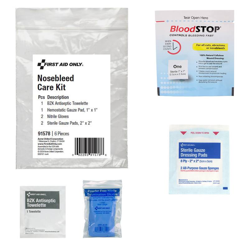 Tear Open Here  
BloodSTOP CONTROLS BLEEDING FAST WHEN EVERY SECOND COUNTS  
For all cuts, abrasions or nosebleeds  

FIRST AID ONLY.  
Nosebleed Care Kit  

Pcs Description  
1 BZK Antiseptic Towelette  
1 Hemostatic Gauze Pad, 1" x 1"  
2 Nitrile Gloves  
2 Sterile Gauze Pads, 2" x 2"  

One Sterile 1" x 1" (2.5cm x 2.5cm)  

100% Natural Cellulose  
Absorbs blood and exudates into gel to seal the wound  
Prevents contamination and creates moist wound environment  
Non-inflaming, bio-compatible  
Easy water removal without disturbing the wound  

91578 & 6 Pieces  
Ame United Corporation  
1 Westbrook Dr., Shelton, CT 06482  
Assembled in the USA with domestic and foreign components  
©2004 Ame United Corporation  

BZK Antiseptic Towelette  
1 Towelette  

Powder Free Nitrile Examination Gloves  
Sterile Gauze Dressing Pads  
8