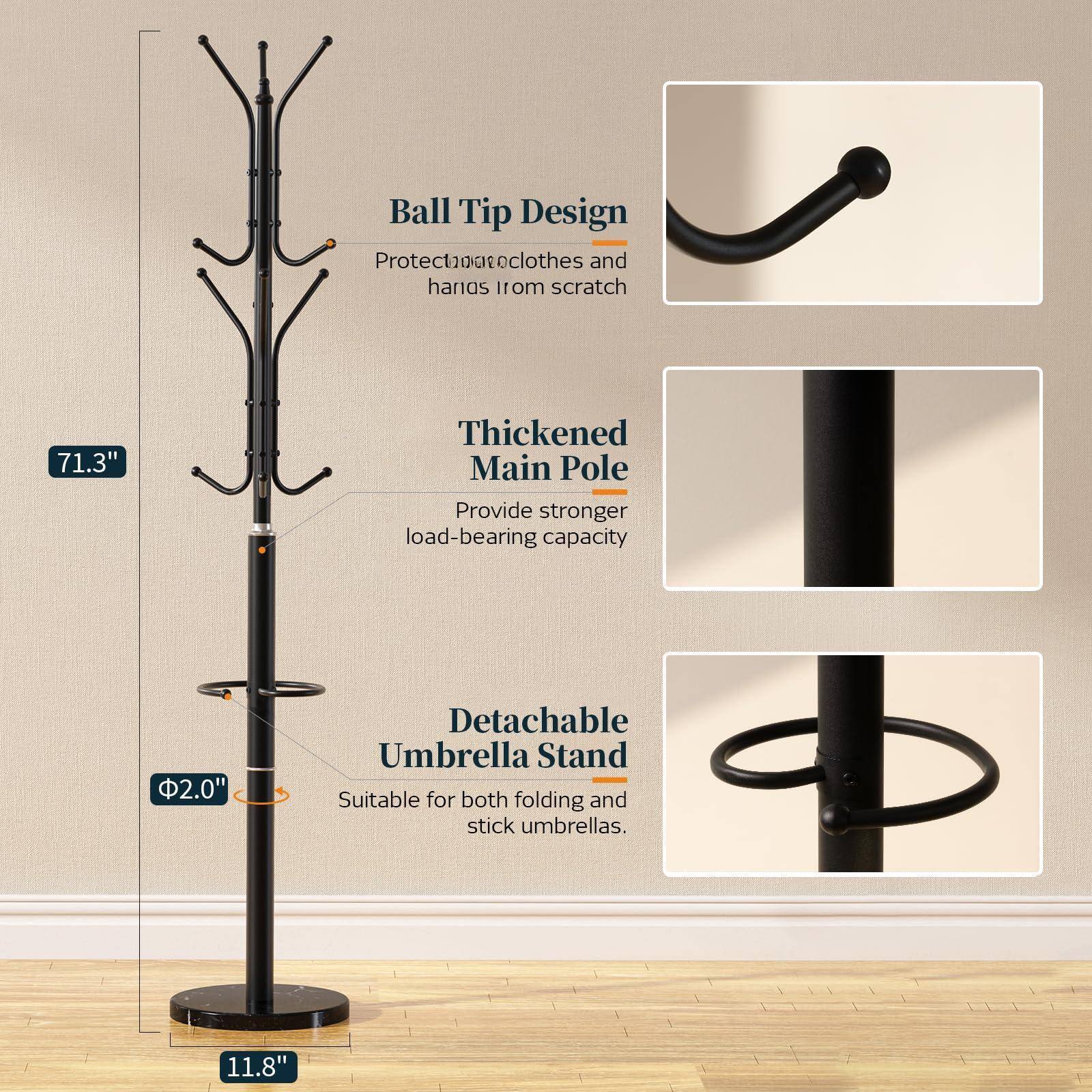 - Ball Tip Design: Protects clothes hangers from scratch
- Thickened Main Pole: Provides stronger load-bearing capacity
- Detachable Umbrella Stand: Suitable for both folding and stick umbrellas
- Height: 71.3"
- Diameter: 2.0"
- Base Diameter: 11.8"