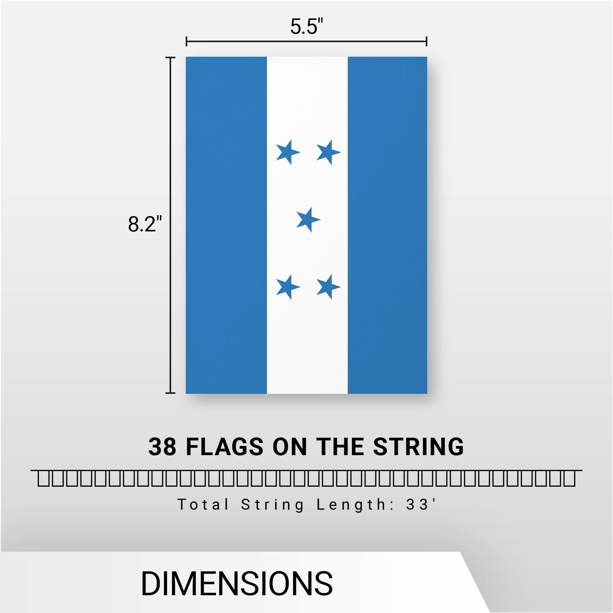5.5"  
8.2"  
38 FLAGS ON THE STRING  
Total String Length: 33'  
DIMENSIONS