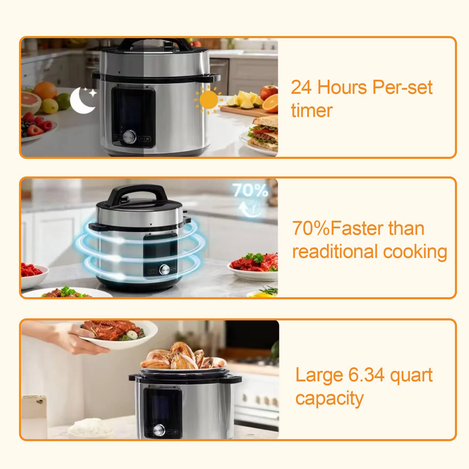 24 Hours Per-set timer  
70% Faster than traditional cooking  
Large 6.34 quart capacity