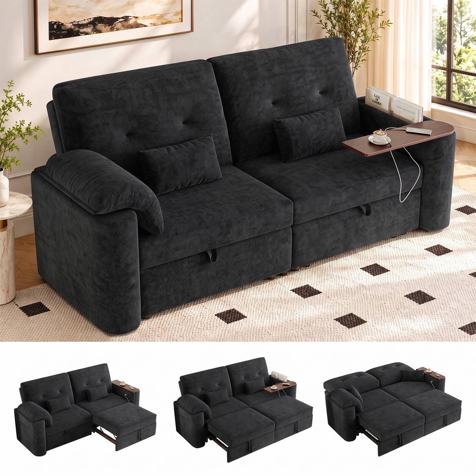 Front. Anysun - 82" Folding Convertible Sofa Bed – Pullout Sofa with Modern Chenille Fabric, 270° Swivel Side Table, Easy Assembly - Black.