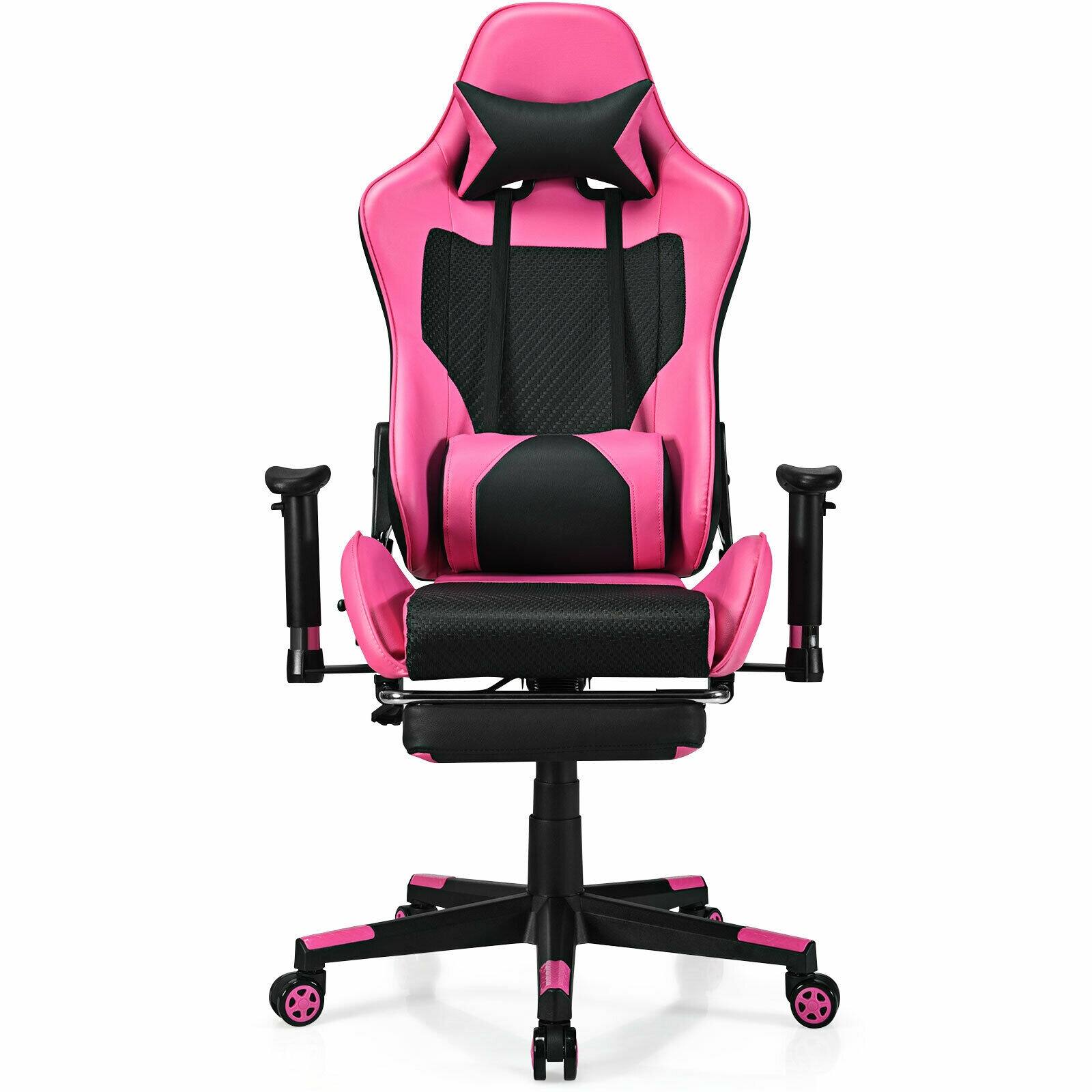 Alt View 4. WELLFOR - PU Leather Gaming Chair with USB Massage Lumbar Pillow and Footrest - Pink.
