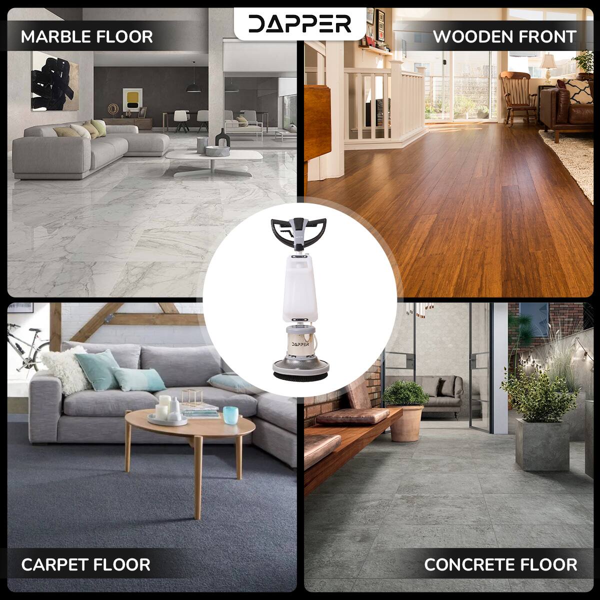 MARBLE FLOOR  
WOODEN FRONT  
CARPET FLOOR  
CONCRETE FLOOR