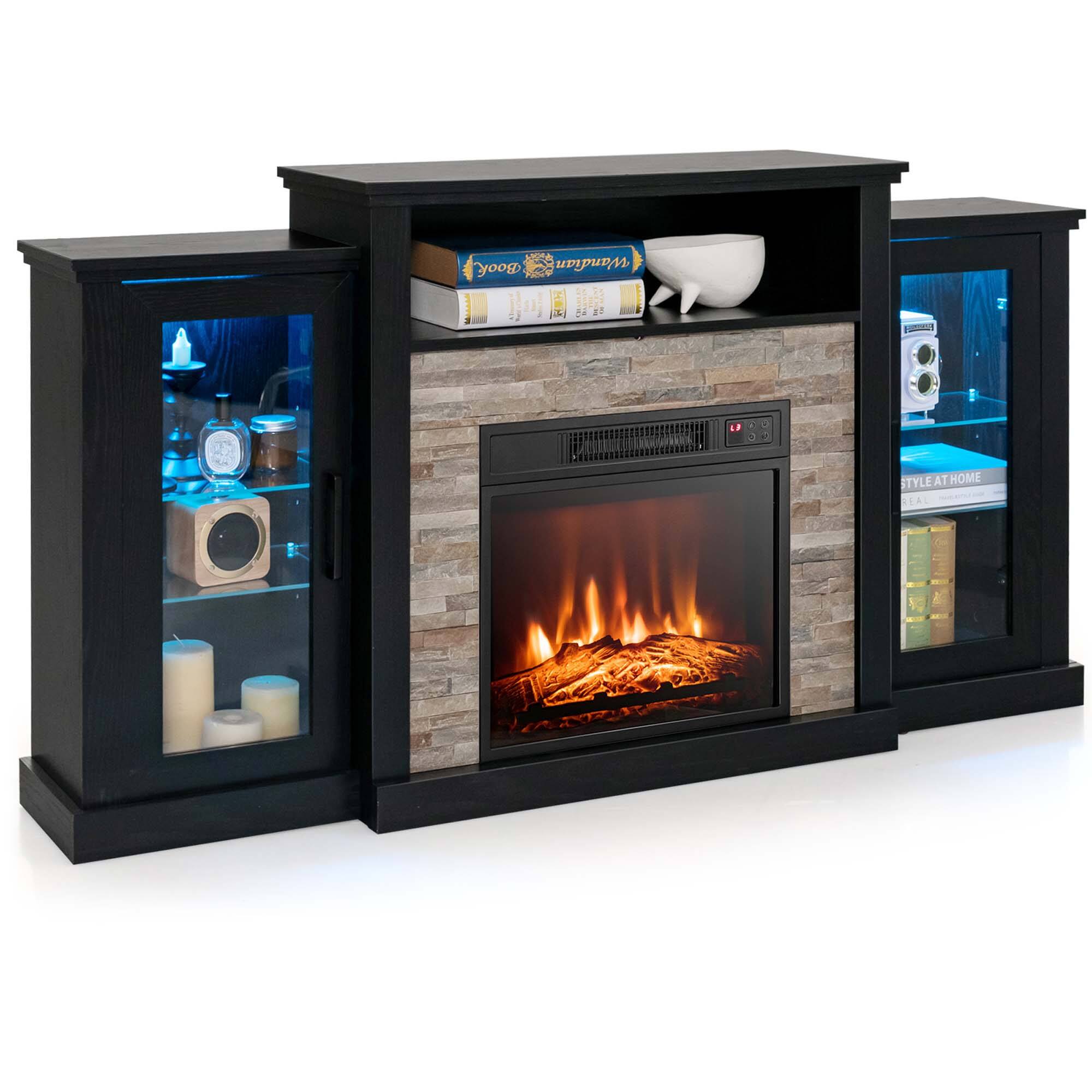 Costway - Fireplace TV Stand with Led Lights & 18" Electric Fireplace For 65" Wall-Mounted TV - Black