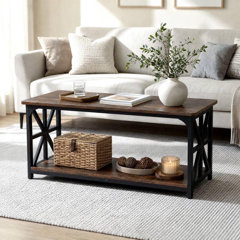 Left. WELLFOR - 2-Tier Farmhouse Coffee Table with Open Storage Shelf, Center Tables for Living Room - Rustic Brown.