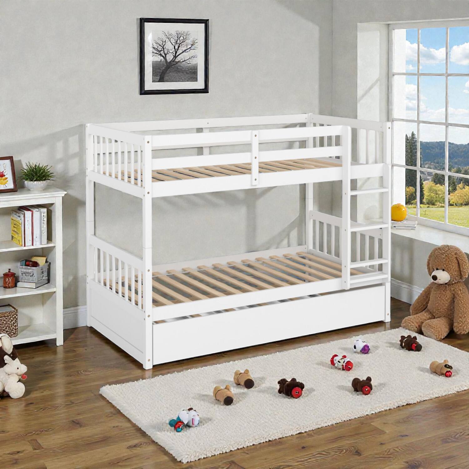 Hivvago - Twin Over Twin Stackable Bunk Bed with Trundle and Integrated Ladder - White