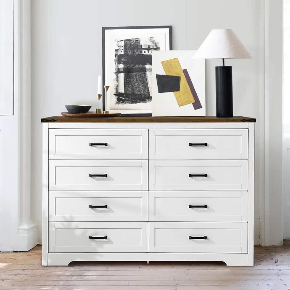 Photos - Dresser / Chests of Drawers Koligey - 8-Drawer Dresser 54"W Double Dresser With Rustic Brown Top Panel - White F023