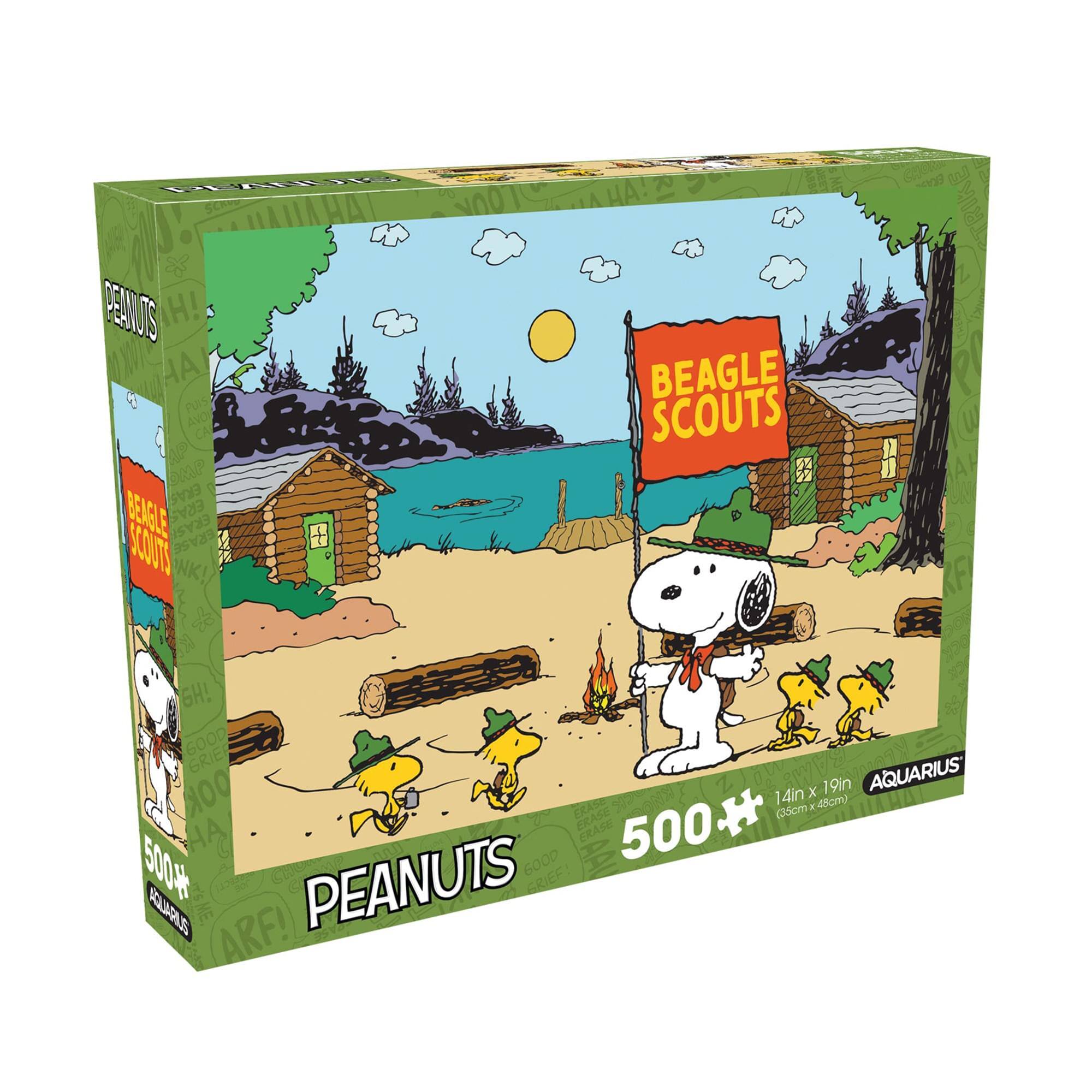 Sure, here is the corrected and grouped text from the image:

---

**Front:**
- BEAGLE SCOUTS
- PEANUTS
- 500
- AQUARIUS
- 14in x 19in (35cm x 48cm)

**Side:**
- PEANUTS
- 500
- AQUARIUS

**Additional Text:**
- H! A FUISA Avor DMPP ERAS BEAGLE ERAS ERASI ERASE SCCUU NK! % BEAGLE SCOUTS 52 g TRIKE RF AGH! 6000 GRIER eewyS AQUARIUS OOK Z 14in x 19in ERASE No 65om K 45om) ERASE ERASE 500 500 HA G00D PEANUTS GRIEF AI KLS ARF!

---

This text appears to be a mix of promotional and possibly playful or scrambled text, with some parts being unclear or nonsensical. The main identifiable text is related to "Peanuts" and "Beagle Scouts."