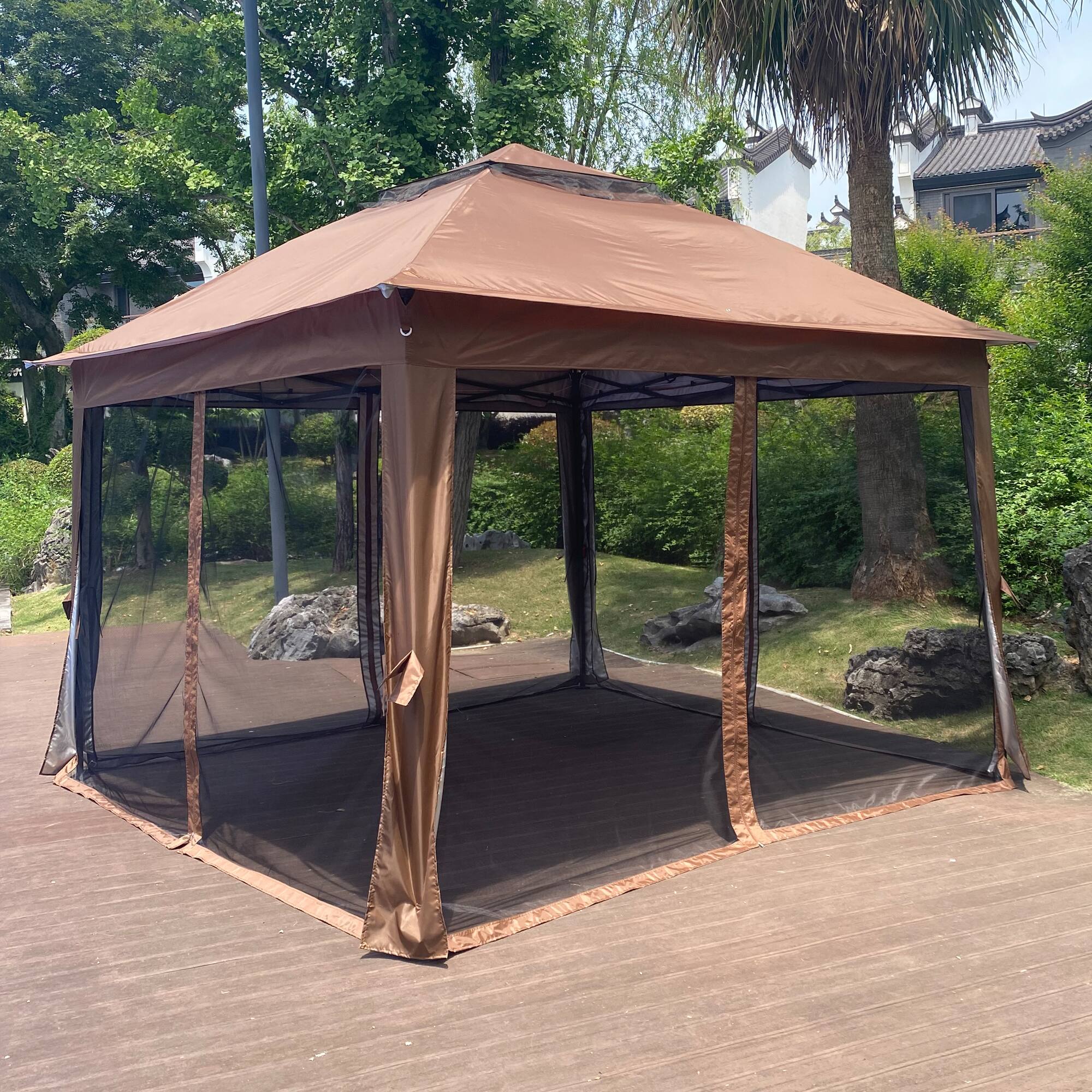 Alt View 8. Ecooso - 11x 11Ft Pop Up Gazebo Canopy With Removable Zipper Netting,2-Tier Soft Top Event Tent, 4 Sandbags，Patio，Backyard - Brown.