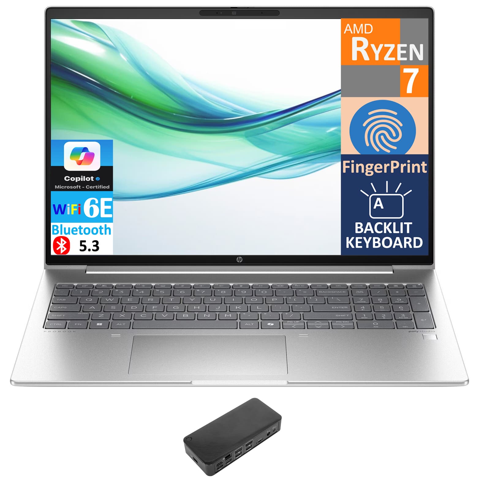 AMD Ryzen 7  
Microsoft Copilot  
WiFi 6E  
Bluetooth 5.3  
Fingerprint  
Backlit Keyboard