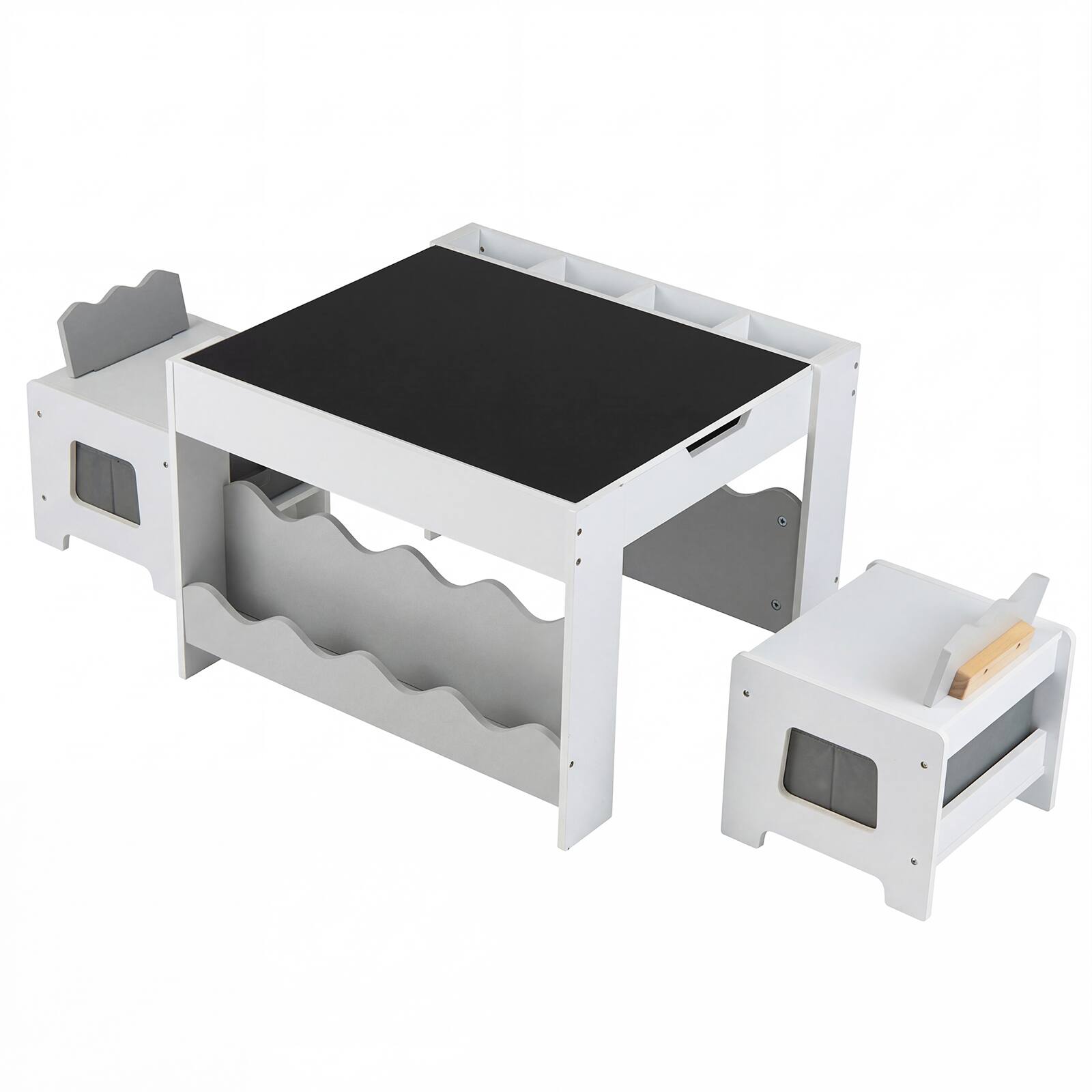 Costway - Wooden Kids Table & Chairs Set with Double-sided Tabletop Chalkboard Bookshelves - White + Gray price history on PriceWatchPro