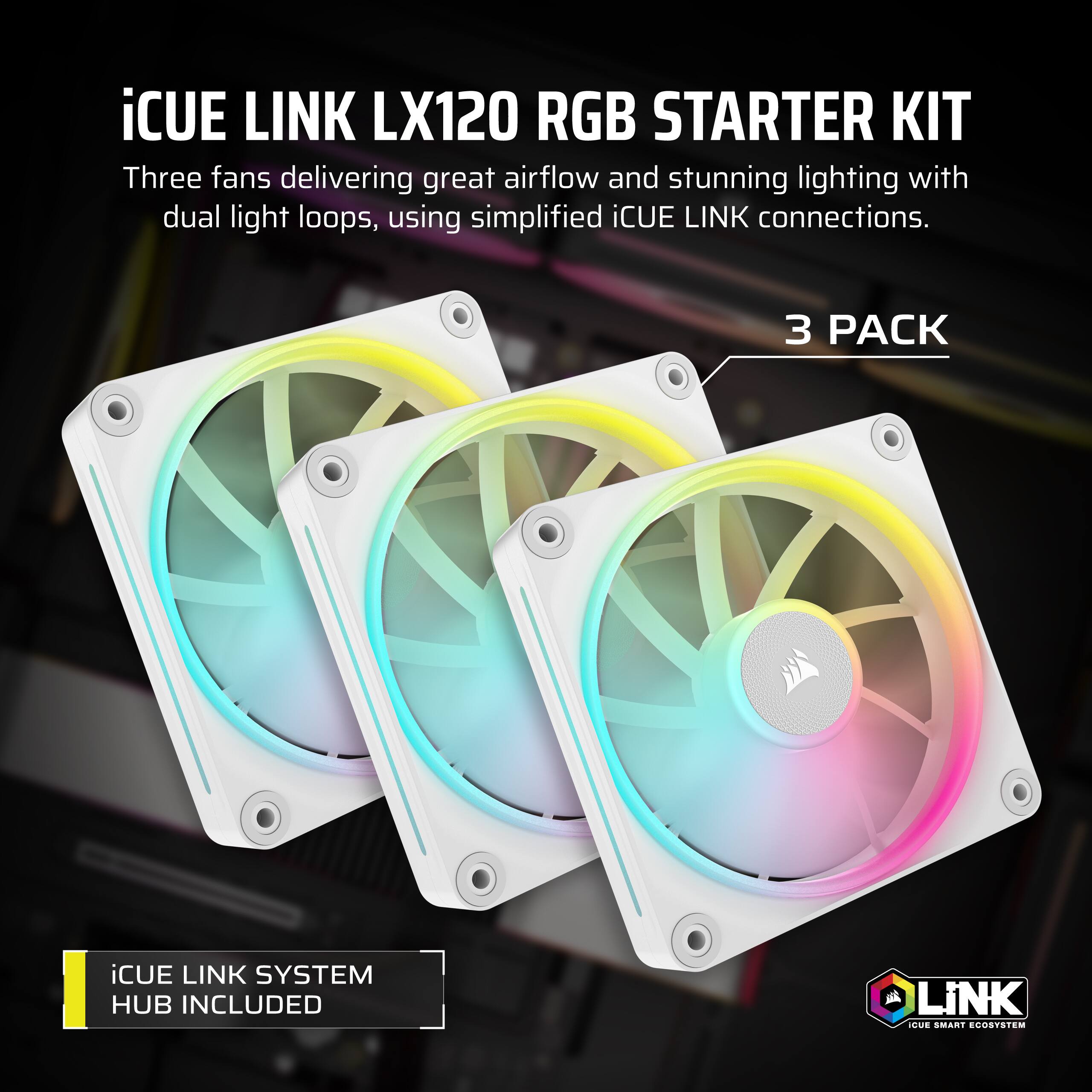 iCUE Link LX120 RGB Starter Kit: Three fans delivering great airflow and stunning lighting with dual light loops, using simplified iCUE Link connections. 3 PACK iCUE Link System Hub Included.