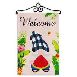 G128 - Combo Garden Flag Hanger 14 in with 12 x 18 in Double-Sided Blockout Flag — Welcome Gnome with Watermelon - Multicolor