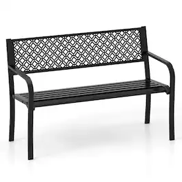 Costway - 50" Outdoor Garden Bench with Geometric Lattice Backrest Armrests and Slatted Seat - Black