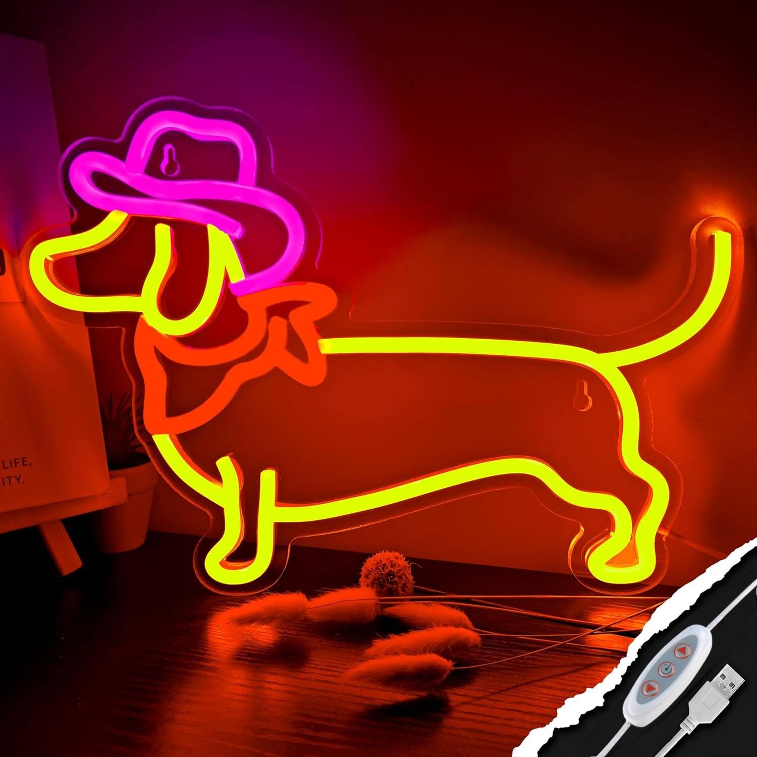 Auledio - Neon Sign Dog Neon Signs for Wall Decor Cute Puppy with Cowboy Hat Led Light Sign for Pet Shop Bedroom Wall - Dachshund