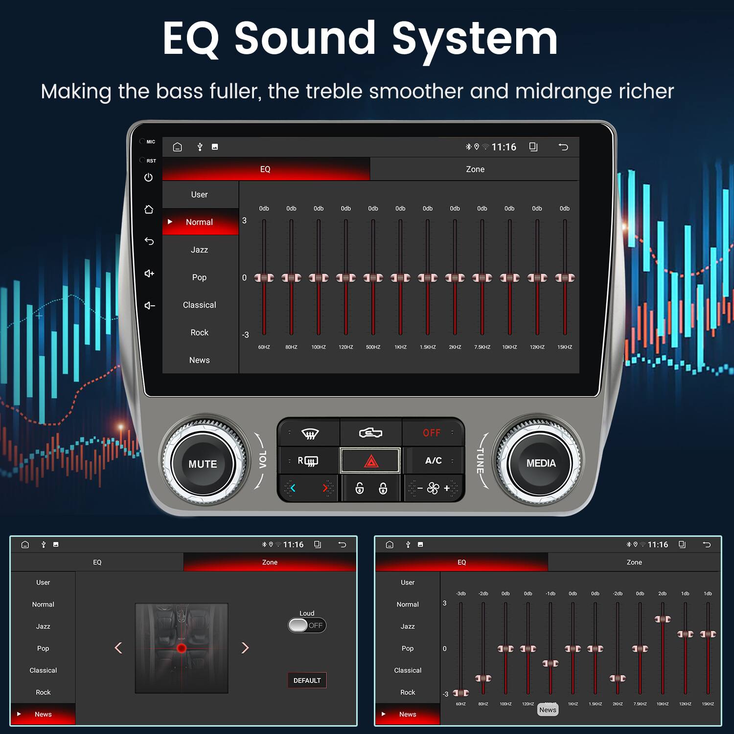 EQ Sound System  
Making the bass fuller, the treble smoother and midrange richer  

EQ  
User  
Normal  
Jazz  
Pop  
Classical  
Rock  
News  

Zone  
User  
Normal  
Jazz  
Pop  
Classical  
Rock  
News  

EQ  
User  
Normal  
Jazz  
Pop  
Classical  
Rock  
News  

EQ  
User  
Normal  
Jazz  
Pop  
Classical  
Rock  
News  

EQ  
User  
Normal  
Jazz  
Pop  
Classical  
Rock  
News  

EQ  
User  
Normal  
Jazz  
Pop  
Classical  
Rock  
News  

EQ  
User  
Normal  
Jazz  
Pop  
Classical  
Rock  
News  

EQ  
User  
Normal  
Jazz  
Pop  
Classical  
Rock  
News  

EQ  
User  
Normal  
Jazz  
Pop  
Classical  
Rock  
News  

EQ  
User  
Normal  
Jazz  
Pop  
Classical  
Rock  
News  

EQ  
User  
Normal  
Jazz  
Pop  
Classical  
Rock  
News  

EQ  
User  
Normal  
Jazz  
Pop  
Classical  
Rock  
News  

EQ  
User  
Normal  
Jazz  
Pop  
Classical  
Rock  
News  

EQ  
User  

